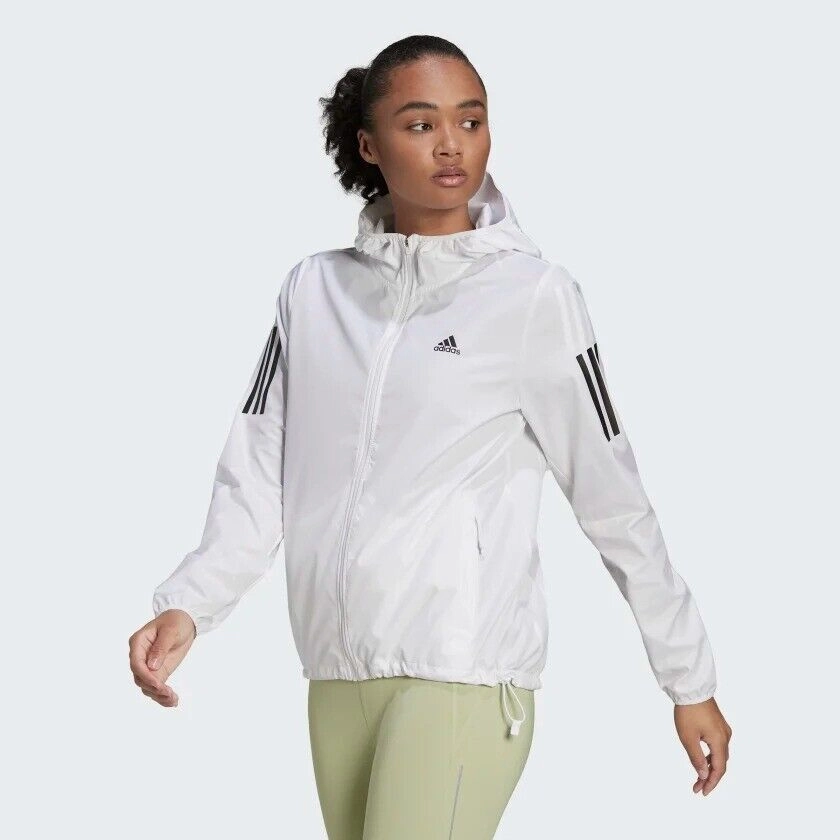 adidas Own The Run Womens Running Jacket Winbreaker Ladies Fitness Coat White Sporty Look Stand