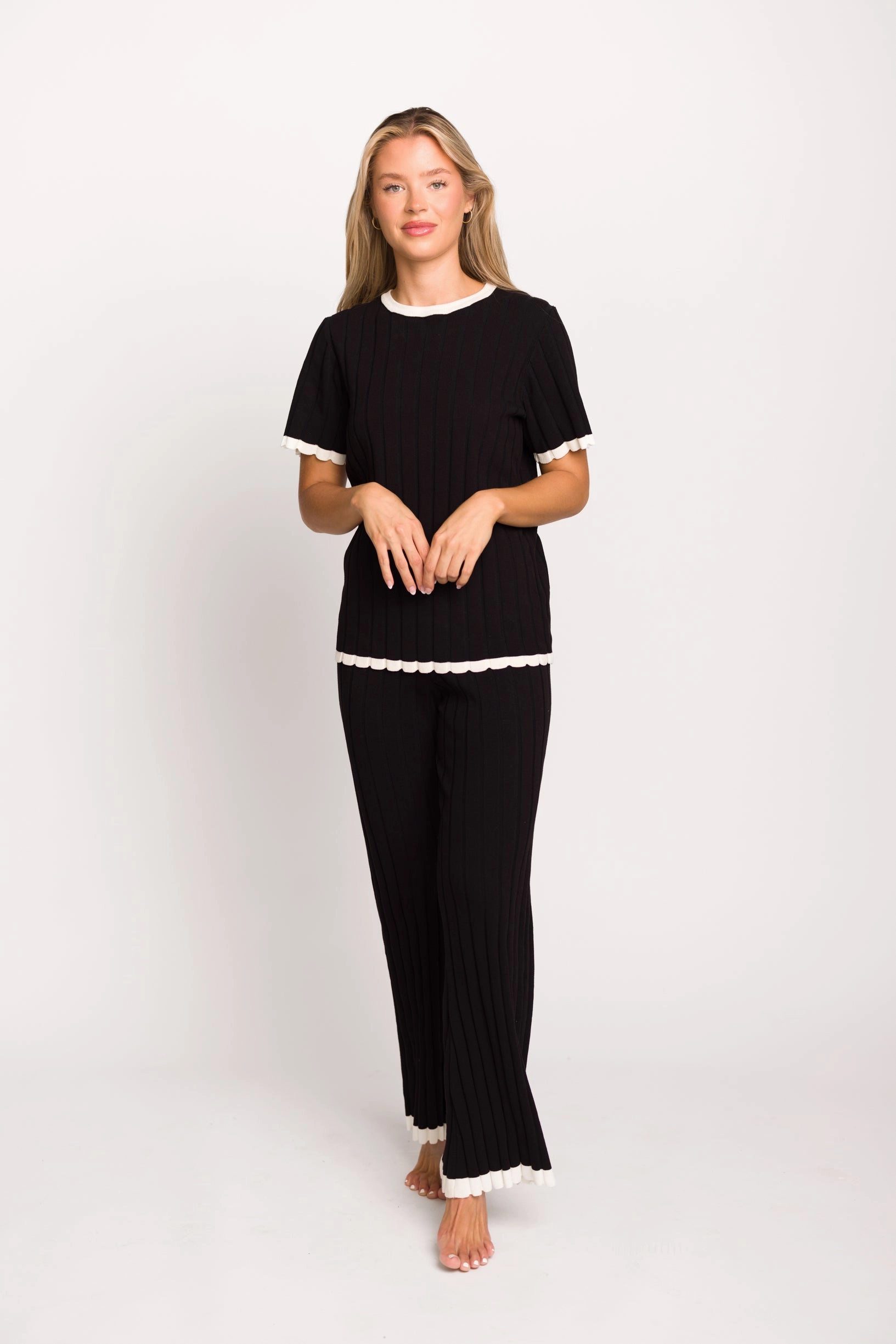 Ribbed Hem Adele Ribbed Knit Top and Pants Set in Black * Final-Sale*