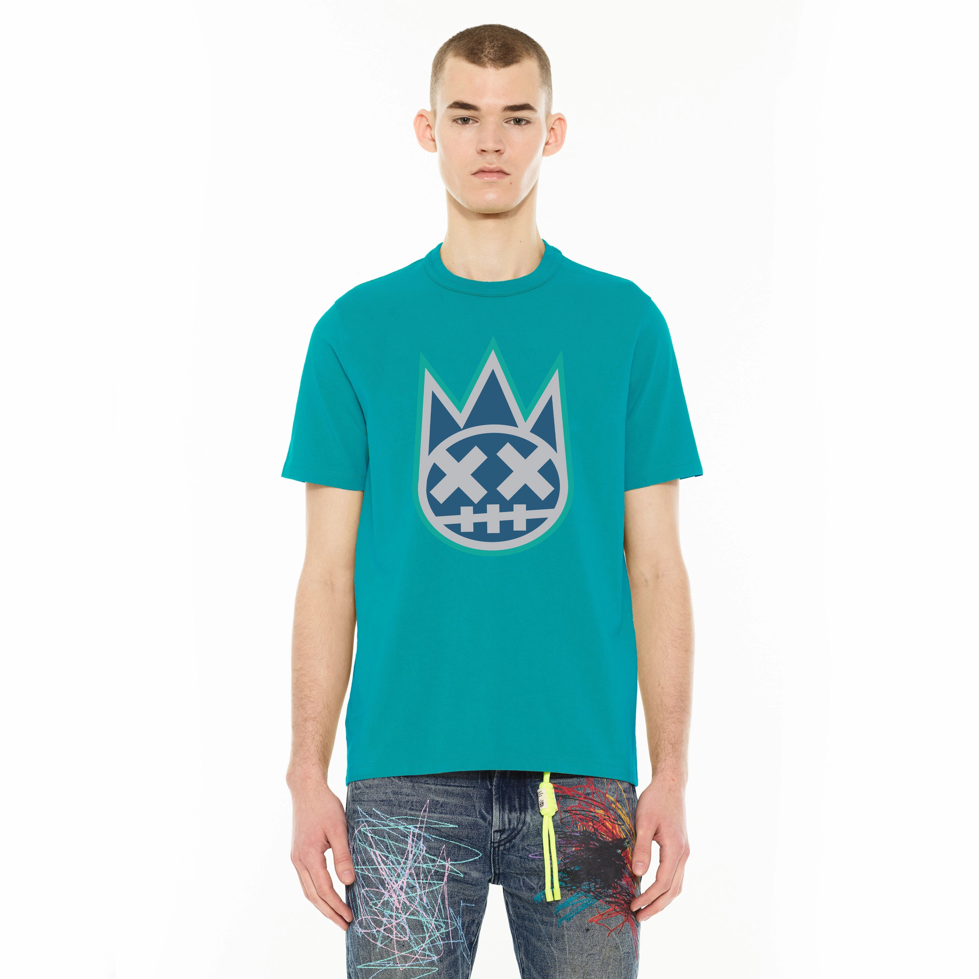 Cult's S/S Crew Neck Logo Tee in Blue Atoll Essential Comfort
