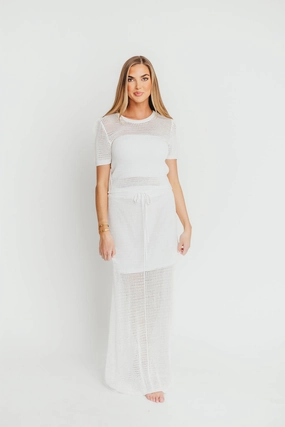 Compact Weave Fabric Laser Cut Edges Aidan Open Knit Top and Maxi Skirt Set in Off-White *Final-Sale*