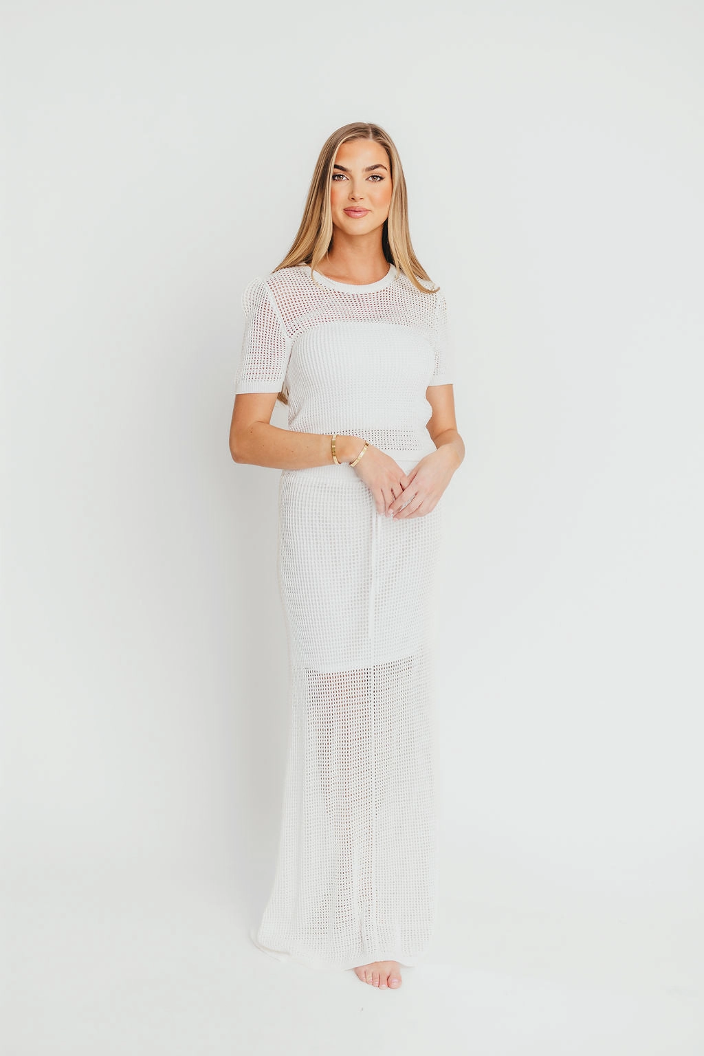 Easy Wear Soft Touch Feel Aidan Open Knit Top and Maxi Skirt Set in Off-White *Final-Sale*