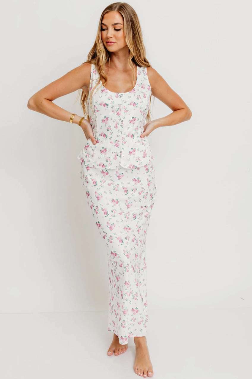 Stretchy Top Melrose Floral Button-Up Top and Maxi Skirt Set in Off White *Final-Sale*