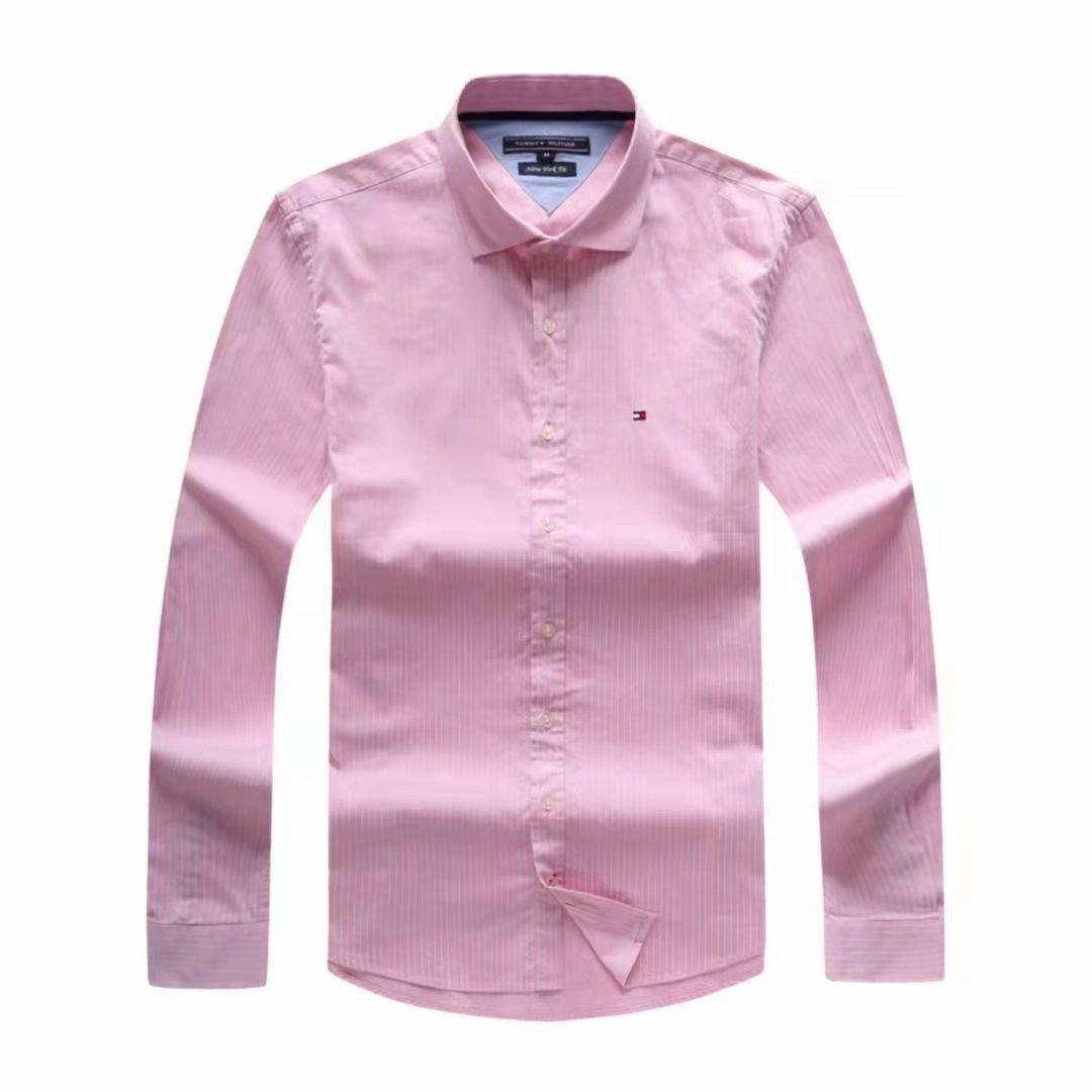 Tommy Hilfiger Straight Point Men Long Sleeve Oxford Pink Stripe Shirt Evening Elegance