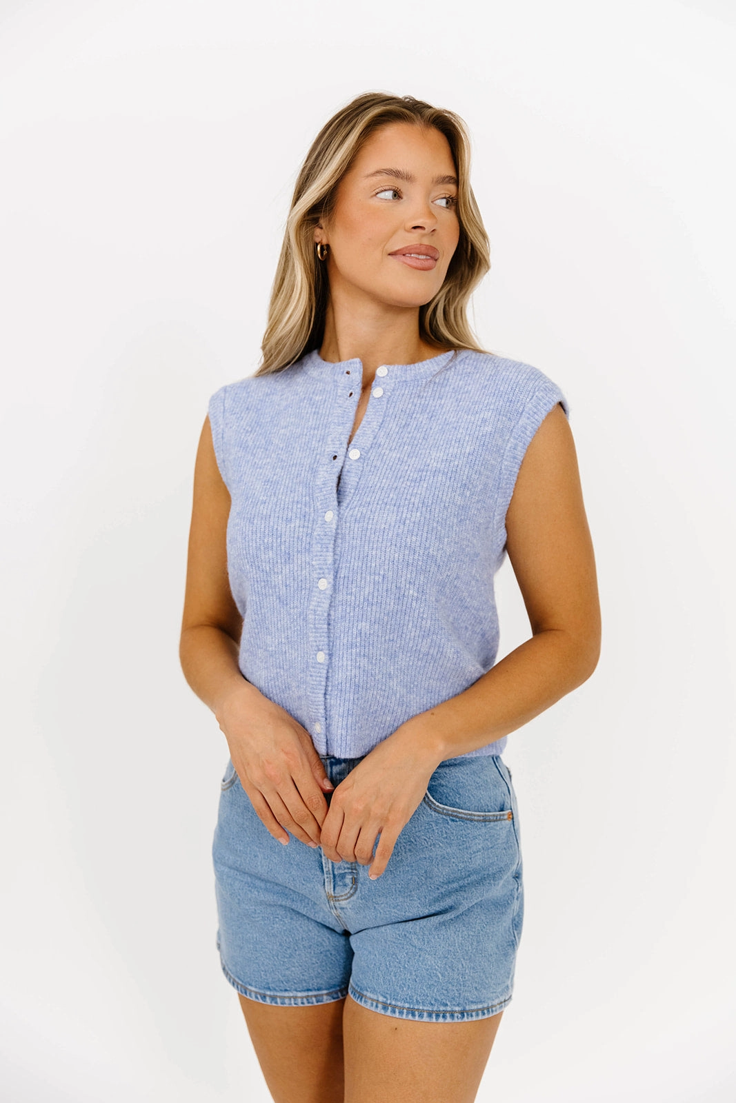 Lightweight Knit Analeigh Sleeveless Ribbed Knit Vest in Blue