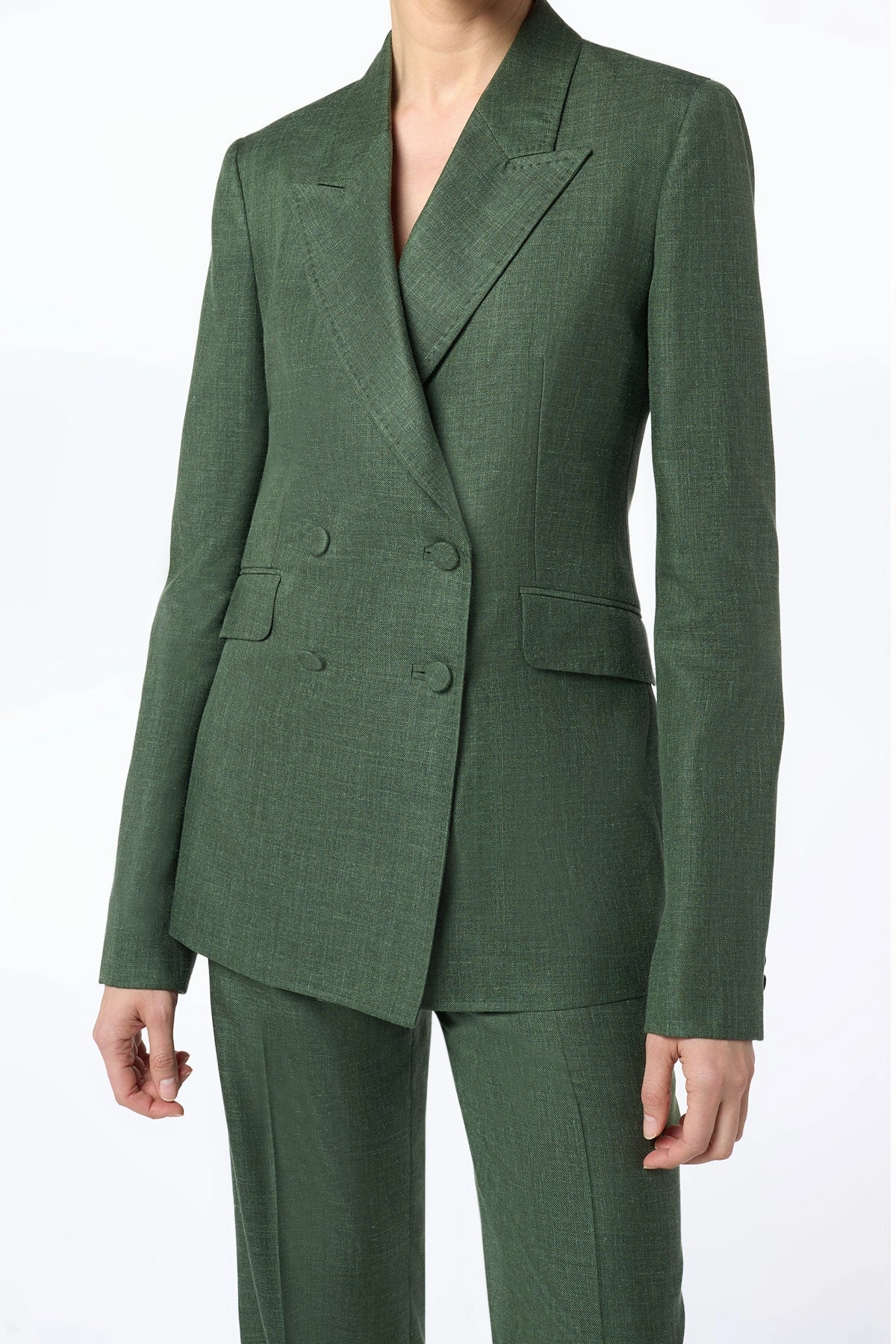Crisp Design Business Fit Wear Angela Blazer in Olive Virgin Wool Silk with Linen