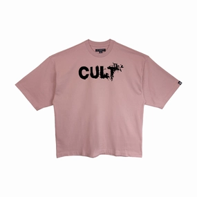 safe for skin Cult's Oversized Heavyweight Boxy Short Sleeve Crew Neck Tee "Flocking Birds" in Silver Pink