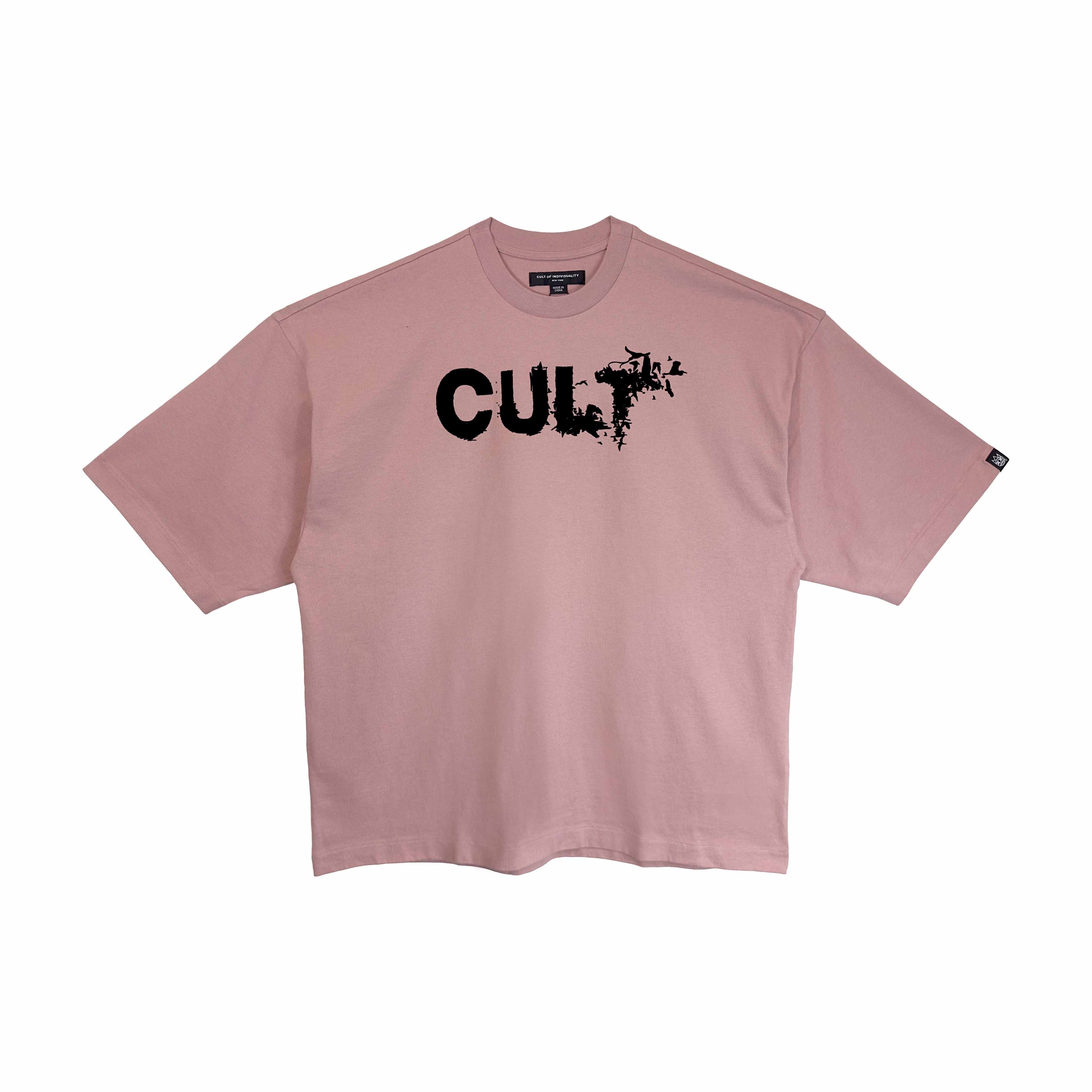 safe for skin Cult's Oversized Heavyweight Boxy Short Sleeve Crew Neck Tee "Flocking Birds" in Silver Pink