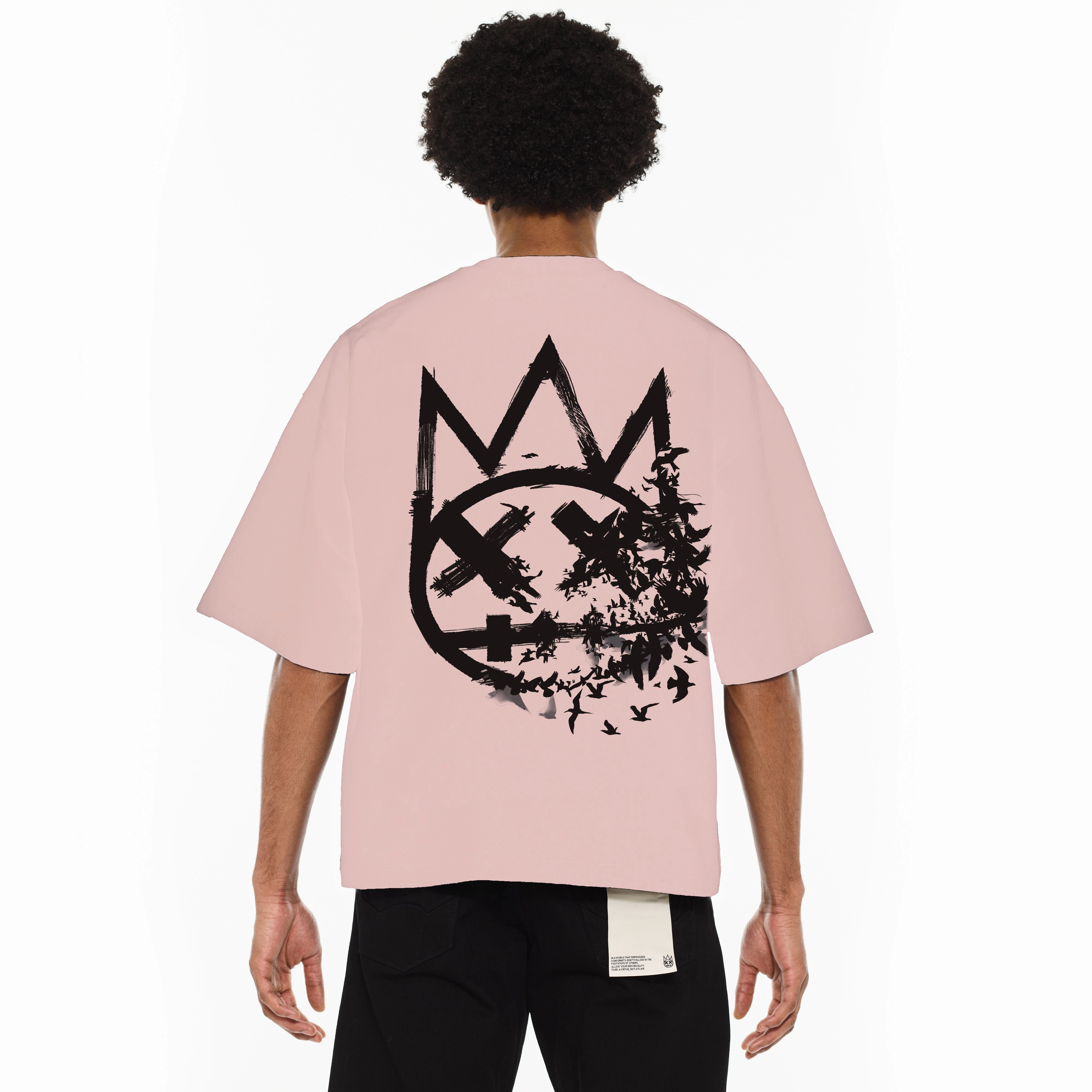 Cult's Oversized Heavyweight Boxy Short Sleeve Crew Neck Tee "Flocking Birds" in Silver Pink Easy Look Basic Layering