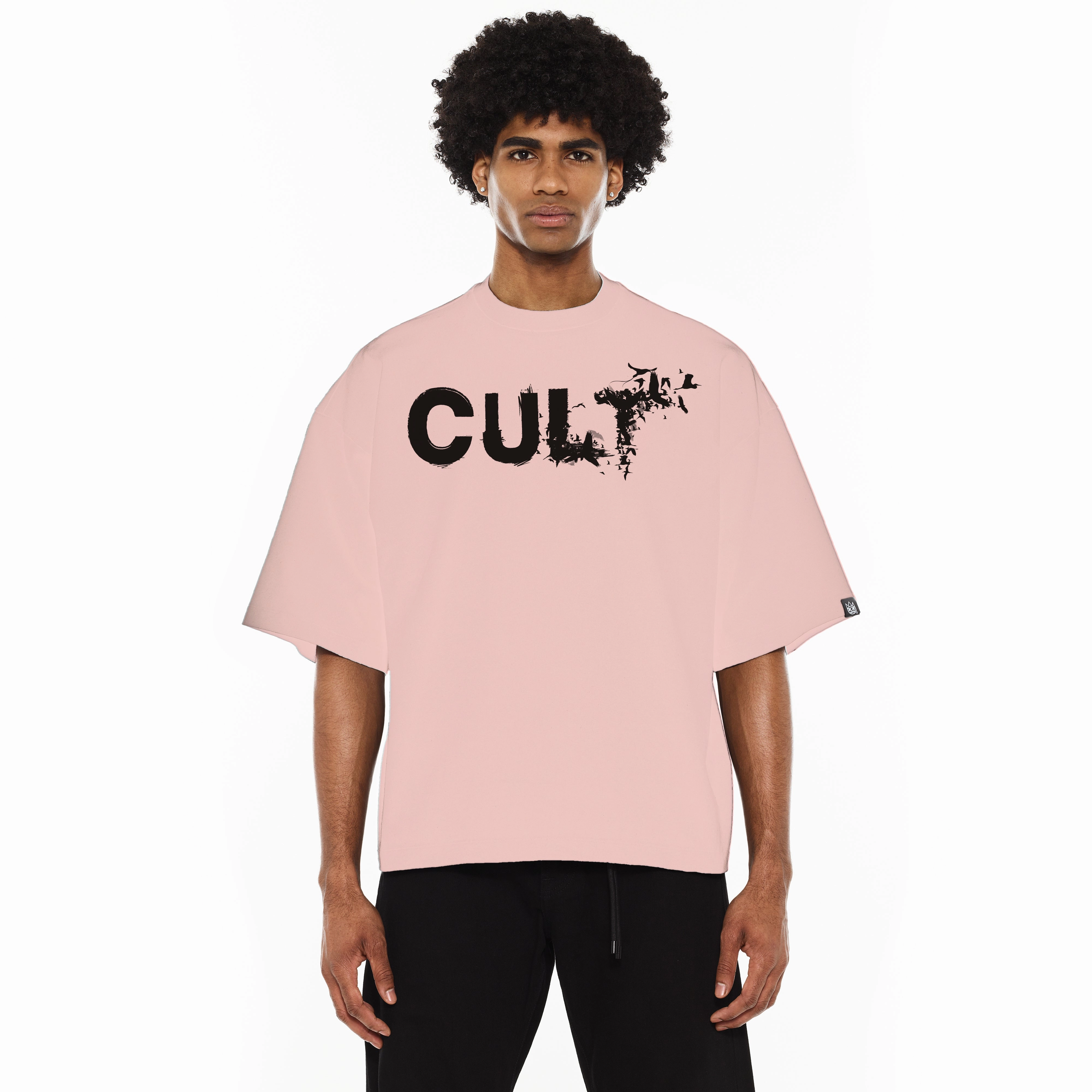 Indoor Event Stylish and Cozy Cult's Oversized Heavyweight Boxy Short Sleeve Crew Neck Tee "Flocking Birds" in Silver Pink