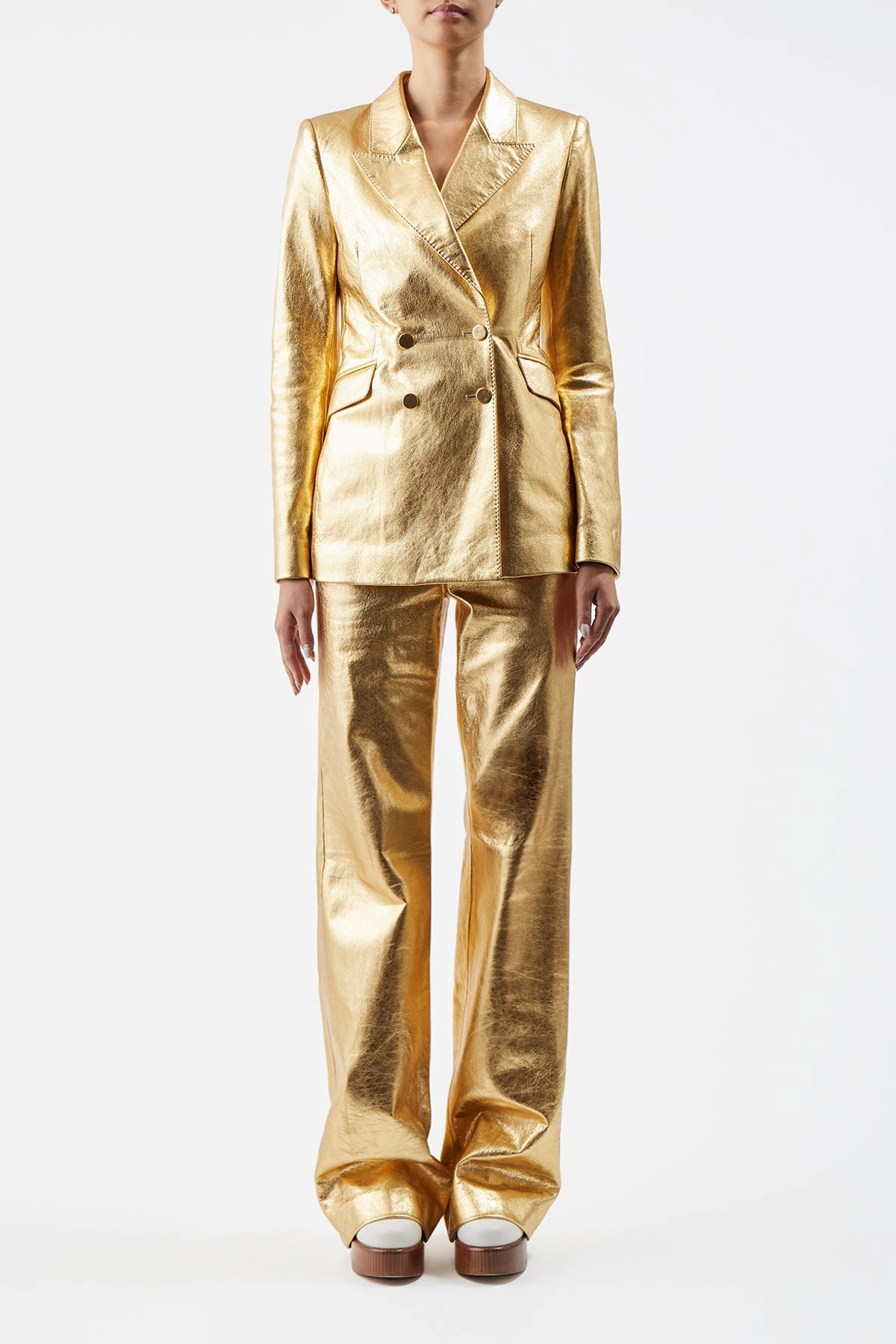 Crisp Wear Vesta Pant in Gold Metallic Nappa Leather