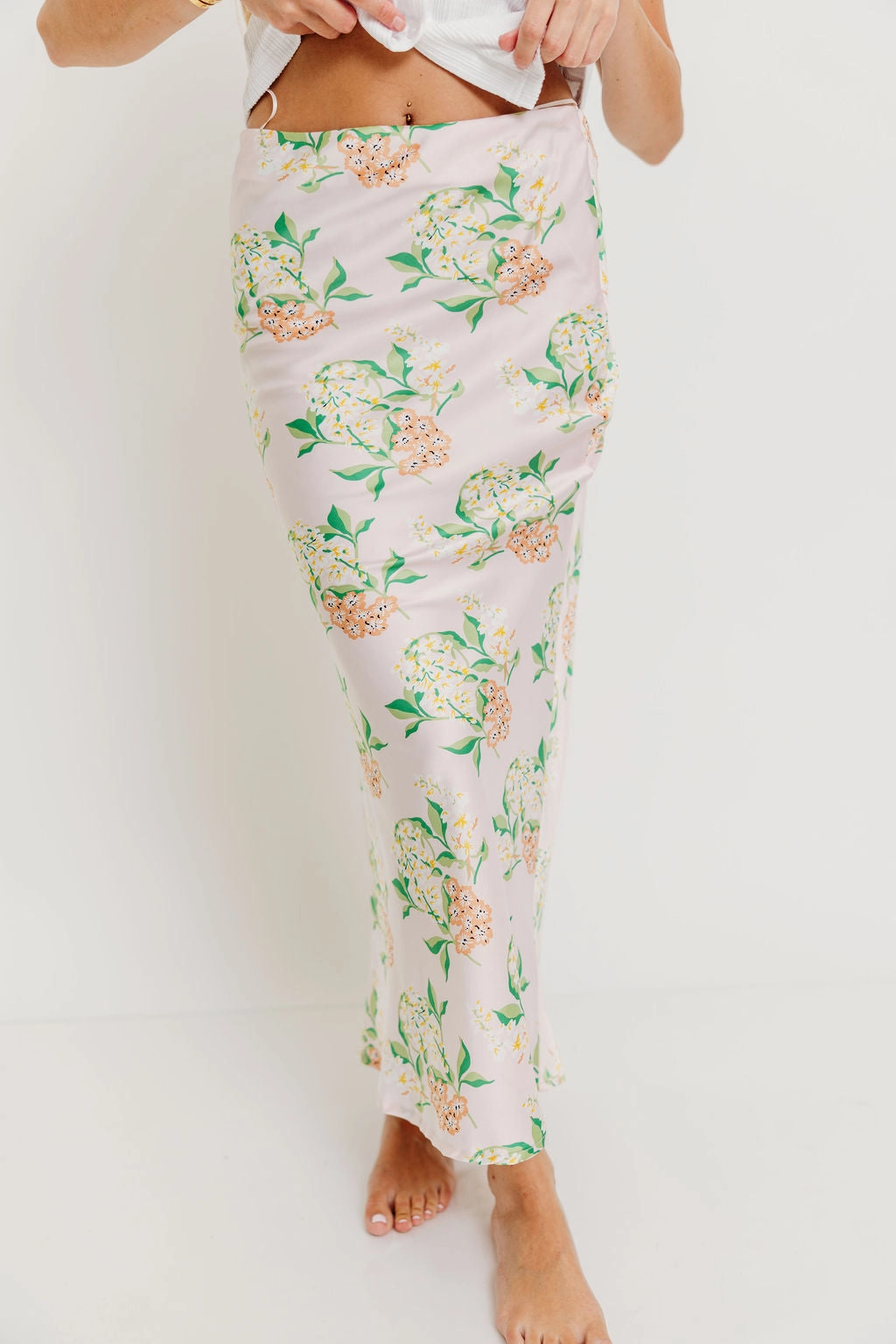 Faux Leather Graceful Look Belinda Summer Blossom Maxi Skirt in Baby Pink *Final-Sale*