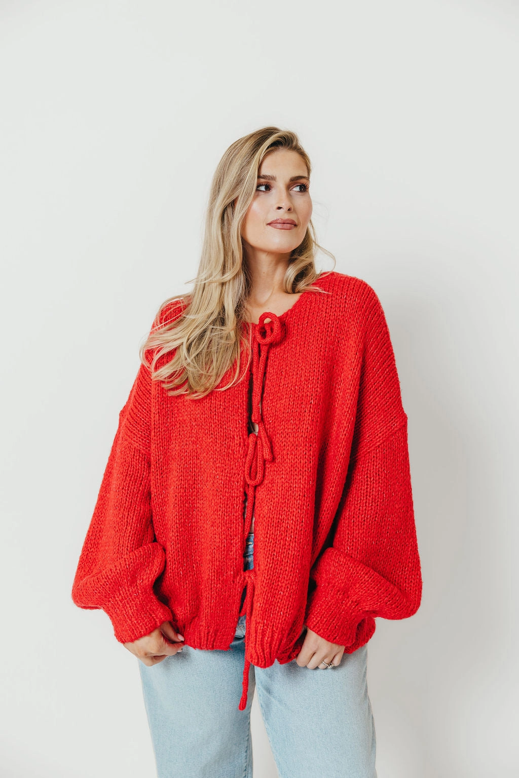 BondedHemline Janine Tie Front Cardigan Top in Red
