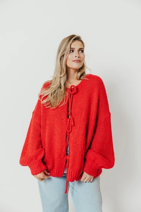 BondedHemline Janine Tie Front Cardigan Top in Red