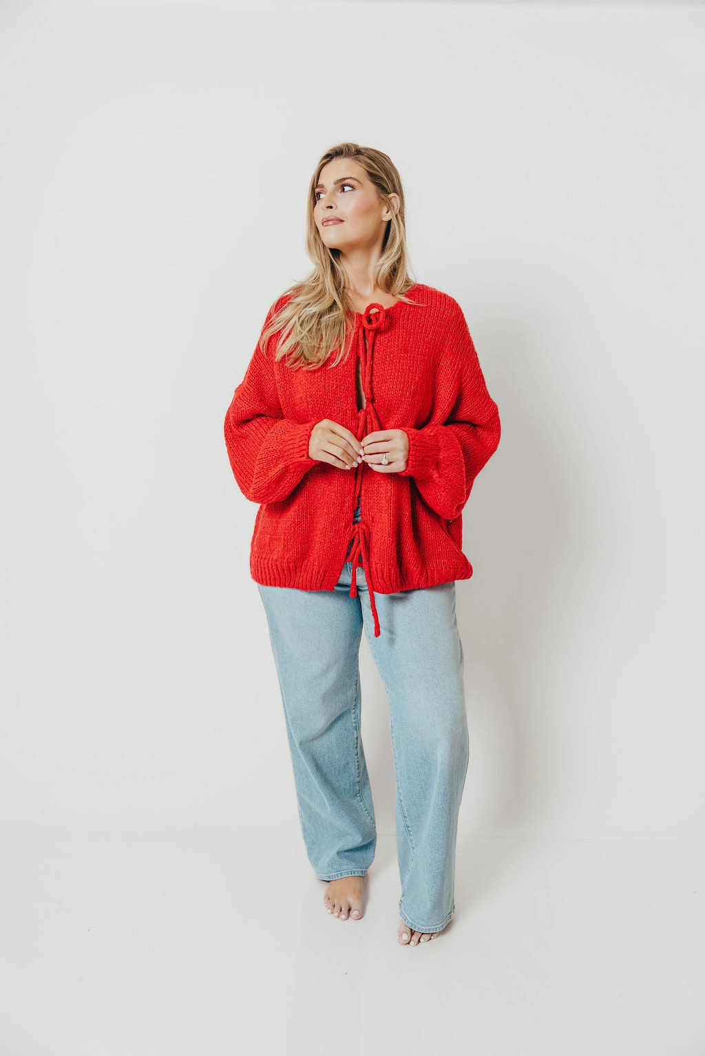 Thermal Insulation Midweight Texture Janine Tie Front Cardigan Top in Red