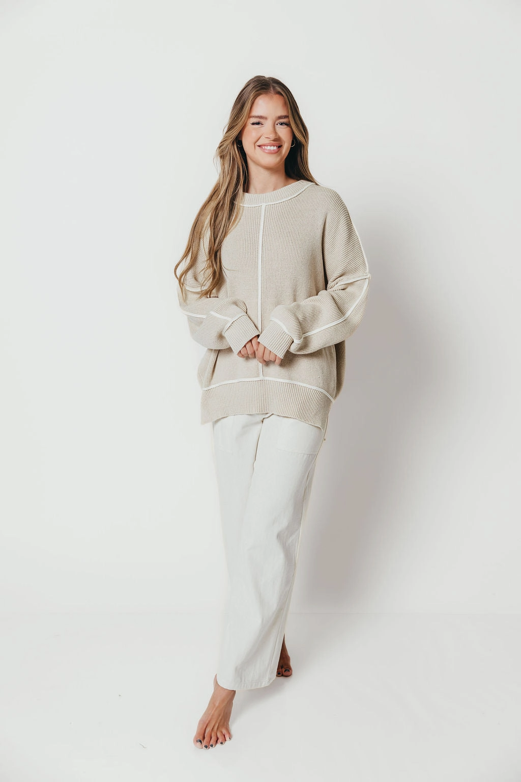 Gym Wear Shannon Ribbed Knit Exposed-Seam Oversize Sweater in Oatmeal