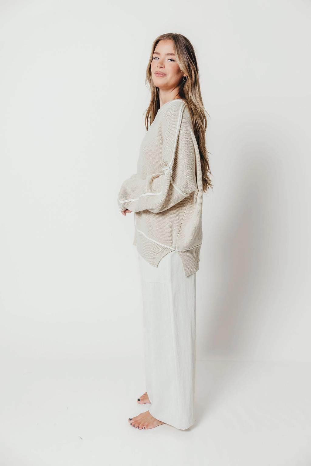 Shannon Ribbed Knit Exposed-Seam Oversize Sweater in Oatmeal Flatlock Seam Design Tagless Design