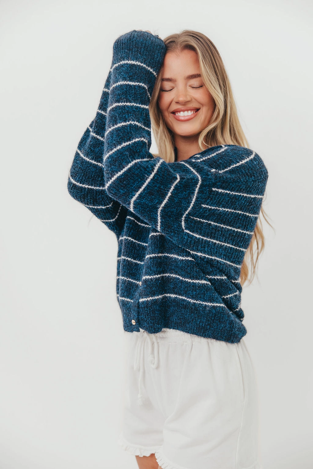 Bellevue Cardigan Top in Navy Ivory EcoFriendlyMaterial Ribbed Neckline