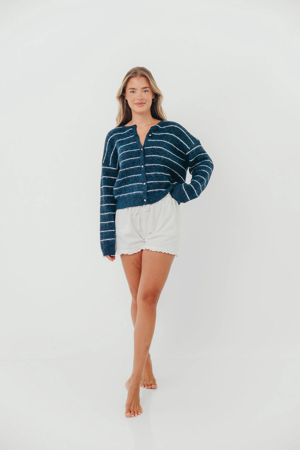 Buttery Soft Feel MoistureWickingMaterial Bellevue Cardigan Top in Navy Ivory