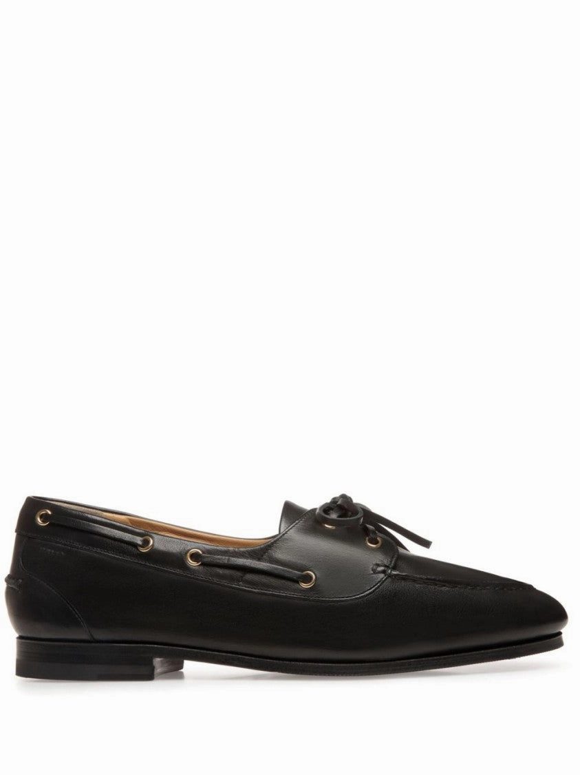 Season Flex Black Leather Moccasins With Lace-Up Detailing And Debossed Logo