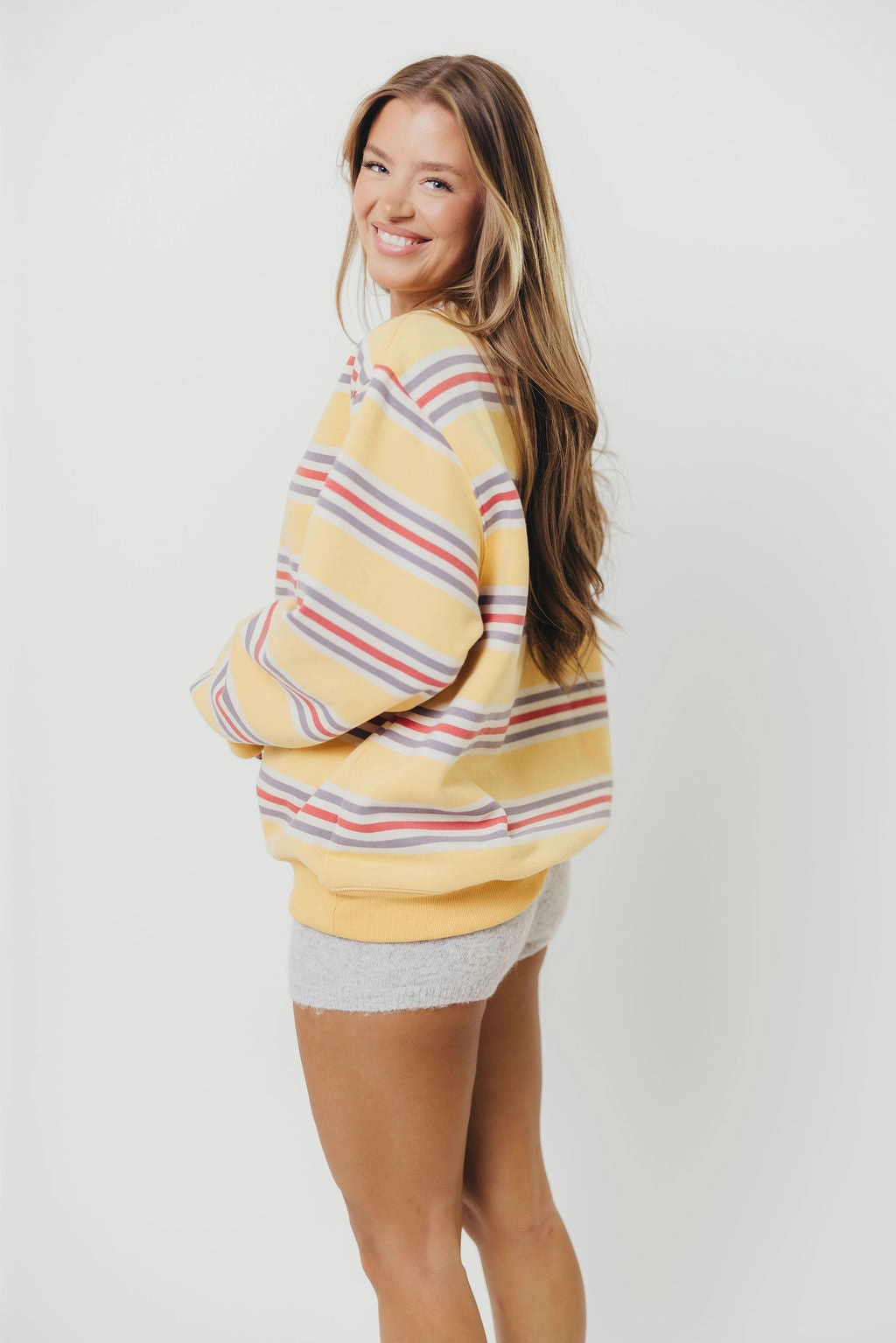 Blake Retro Striped Crewneck Sweatshirt in Mustard Curved Hem Design