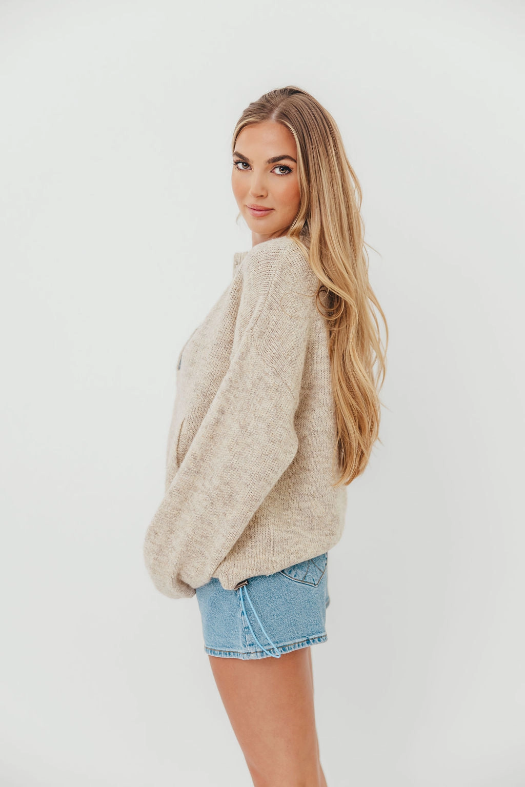 Cozy Wear Blythe Two Tone Snap Collar Sweater in Oatmeal
