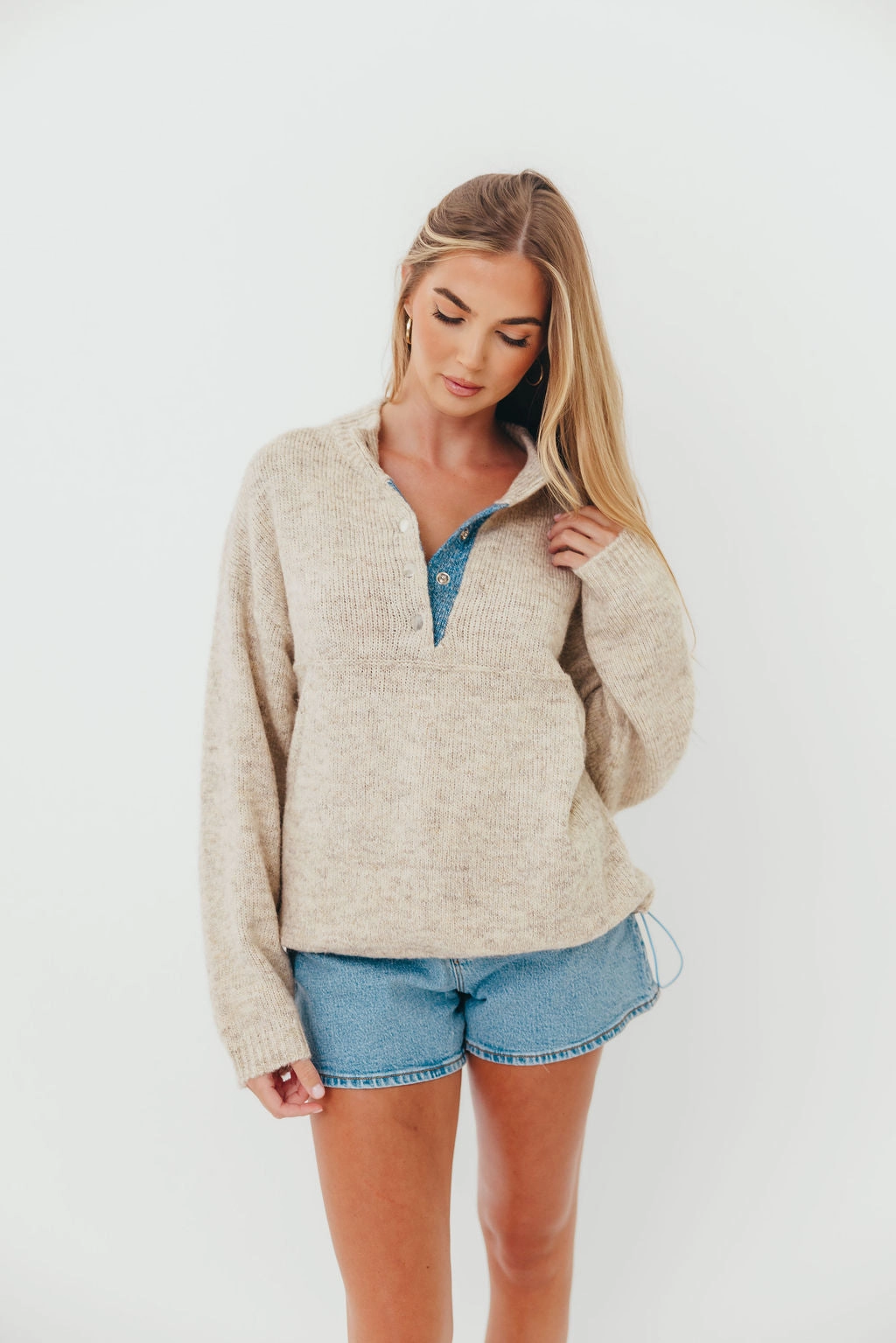 Blythe Two Tone Snap Collar Sweater in Oatmeal Wrinkle Resistant Finish