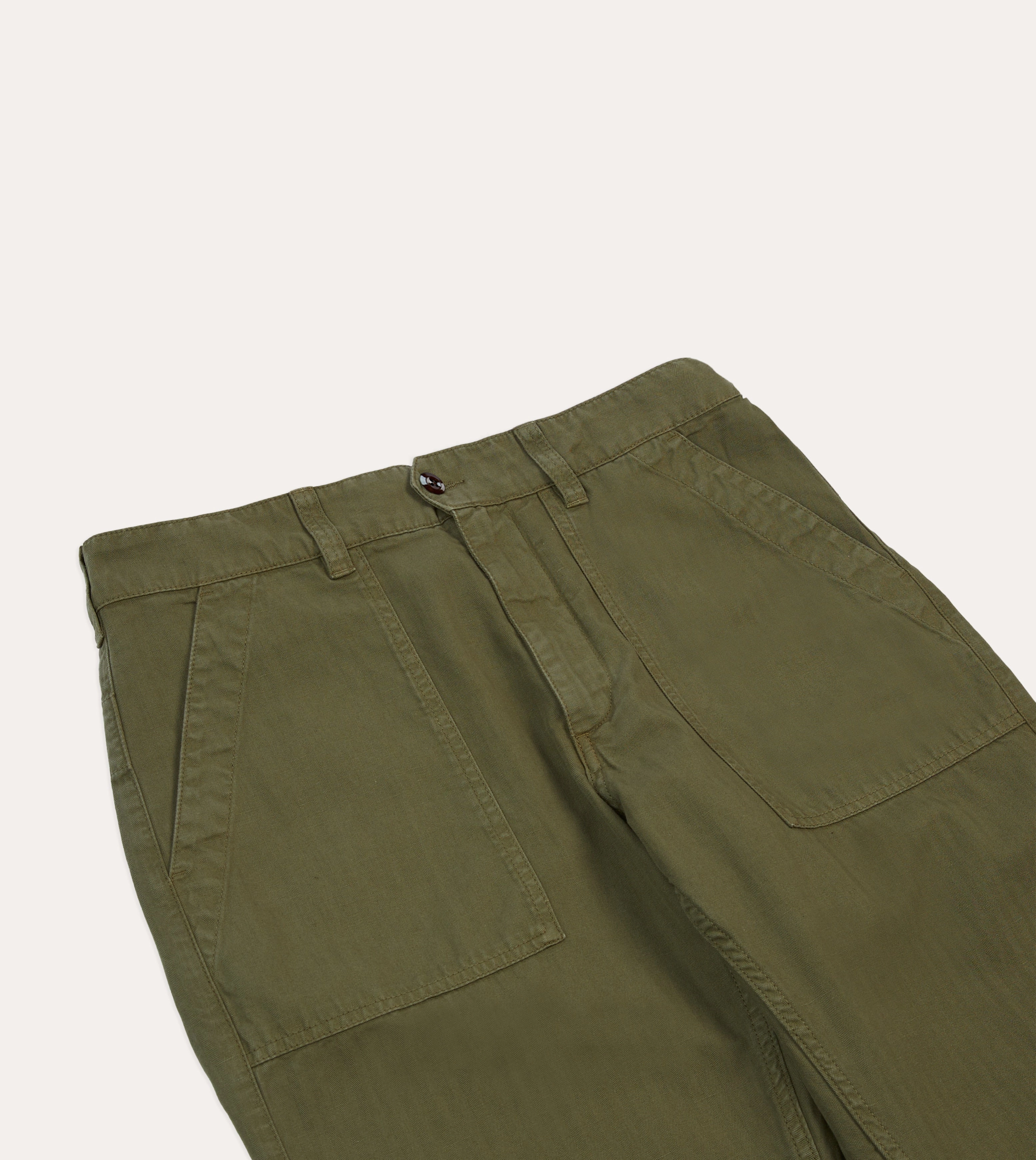 Olive Cotton-Linen Herringbone Fatigue Trouser Shape Flex Casual Design