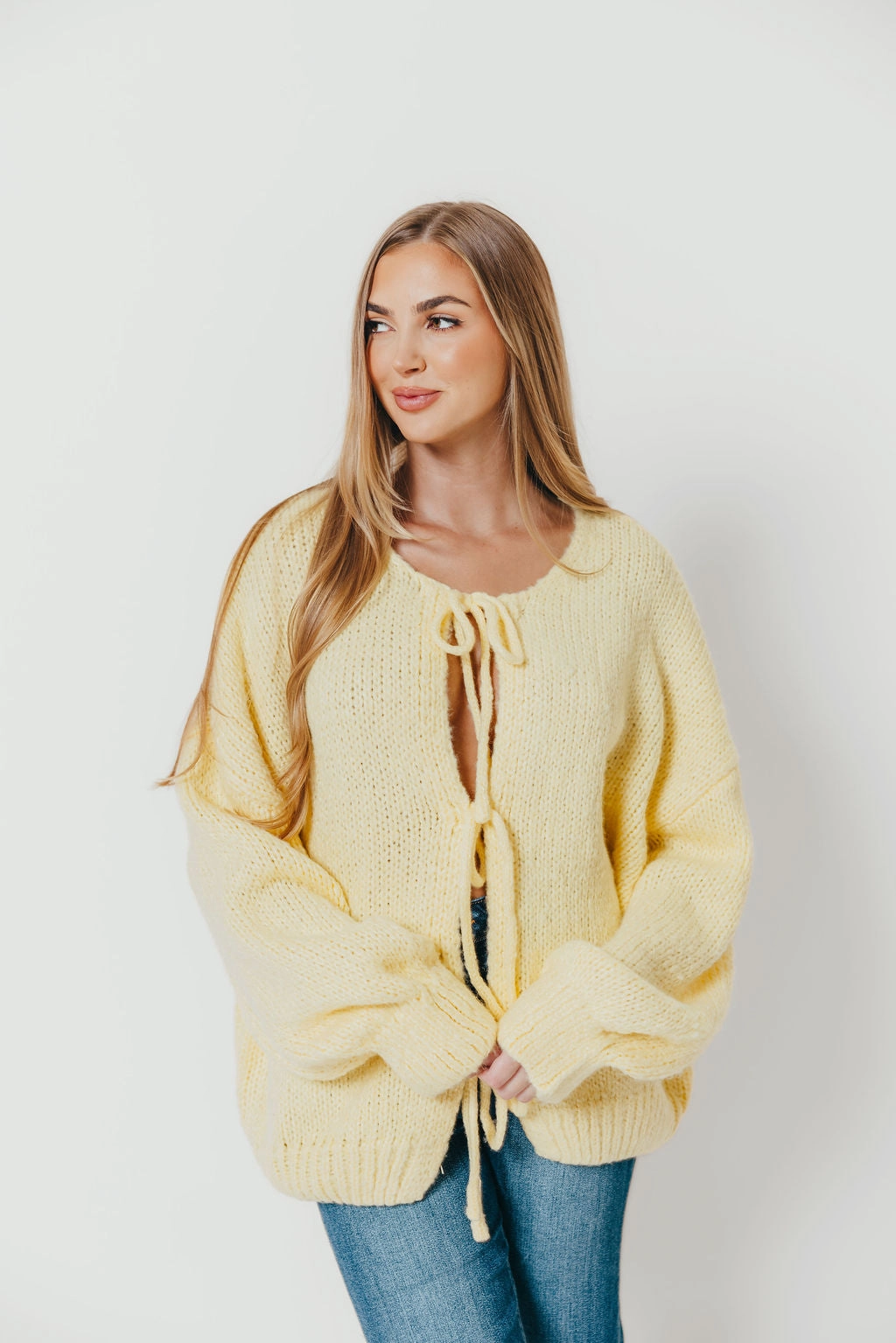 LayeredCuff Microfiber Blended Fabric Janine Tie Front Cardigan in Yellow
