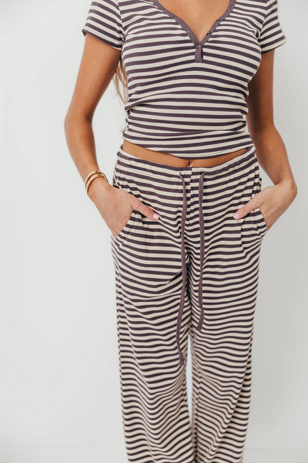 Breton Striped Knit Drawstring Pants in Charcoal Comfort Fit