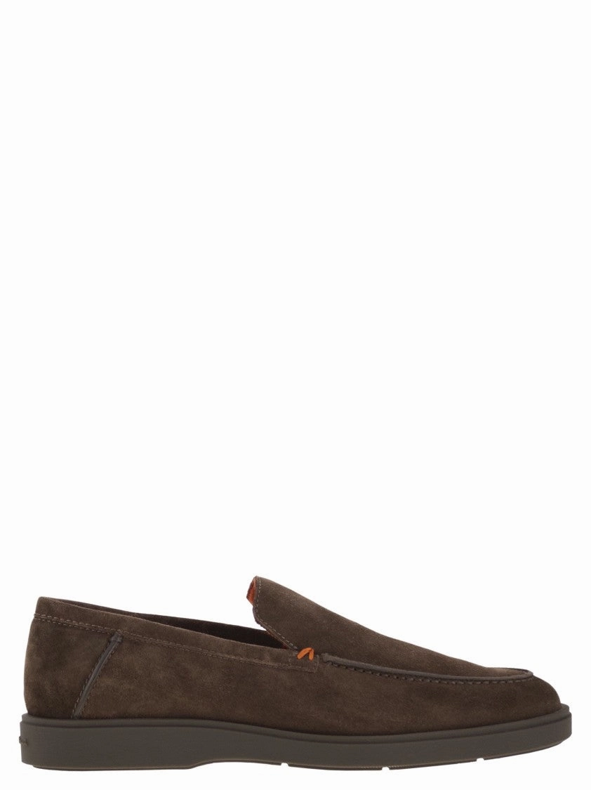 Brown Suede Loafers With Orange Thread Accents Hill Path Distressed Look