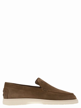 Brown Suede Moccasin Slipper With Embossed Monogram Hold Step
