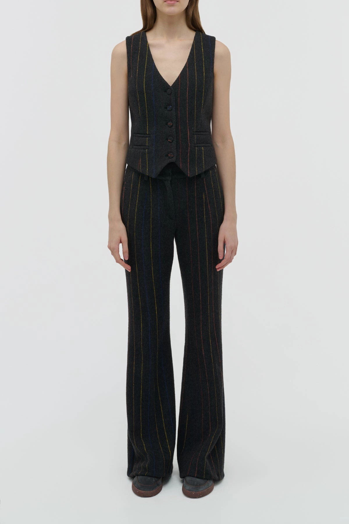 Tailored Collar Structure Refined Fit Wear Coleridge Vest in Charcoal Multi Pinstripe Wool Cashmere