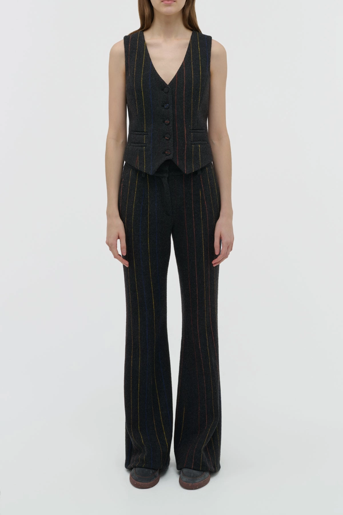 Elegant Craftsmanship Professional Tailoring Rhein Flare Pant in Charcoal Multi Pinstripe Wool Cashmere