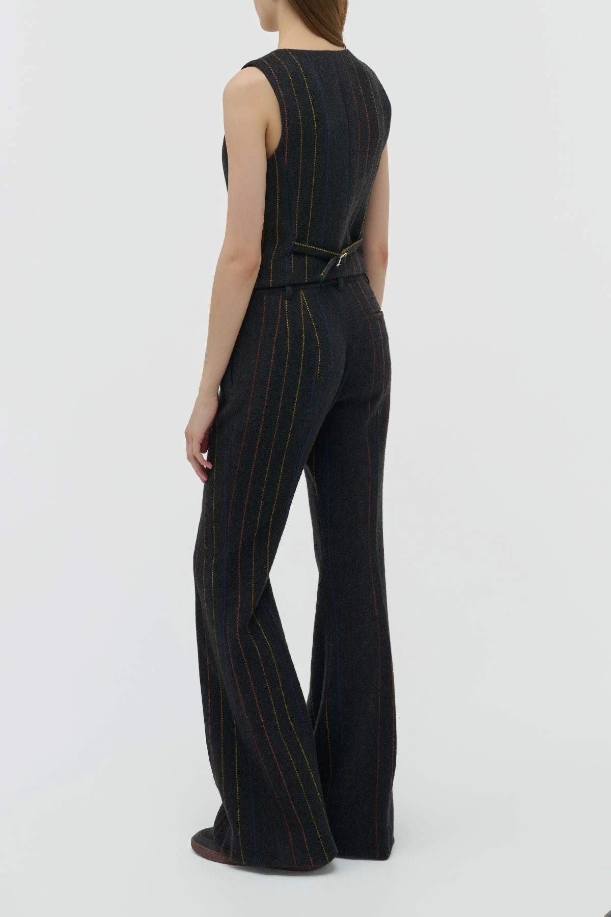 Sleek Silhouette Chic Office Design Rhein Flare Pant in Charcoal Multi Pinstripe Wool Cashmere