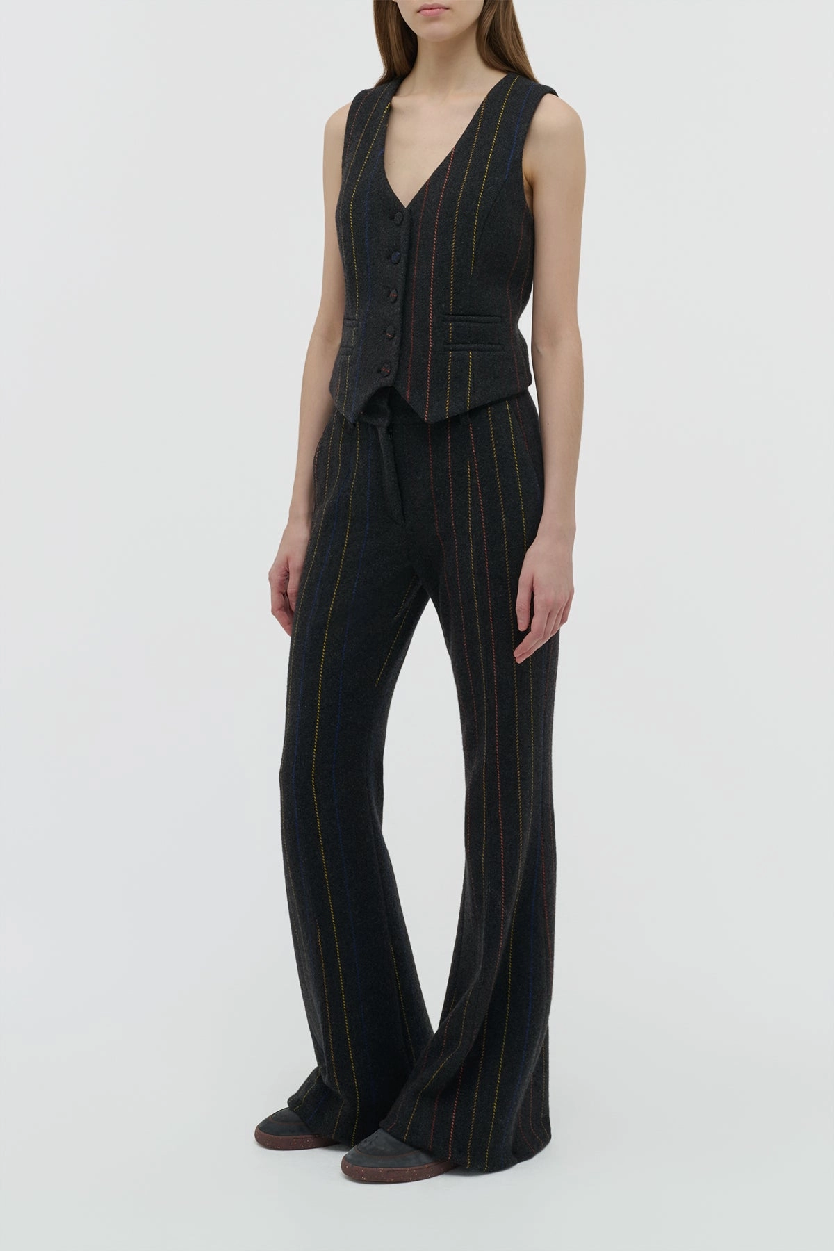 Rhein Flare Pant in Charcoal Multi Pinstripe Wool Cashmere Clean Appearance