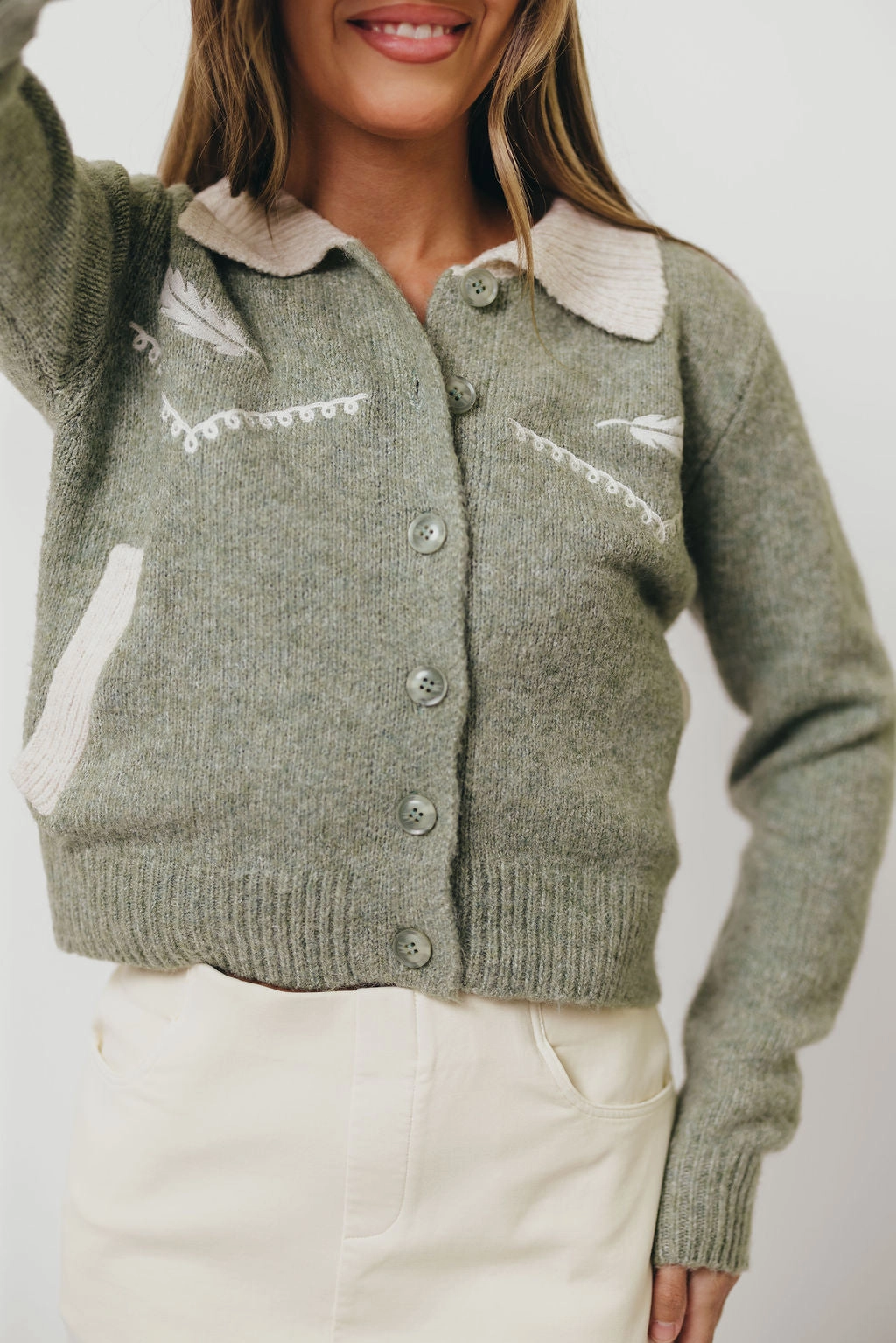 Durable Color Retention AntiPillingTechnology Dakota Feather Embroidered Cardigan Top in Basil