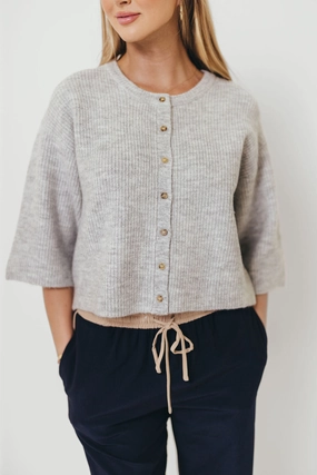 Caroline Button Down 3/4 Sleeve Sweater Cardigan in Heather Grey V-neck Shirt