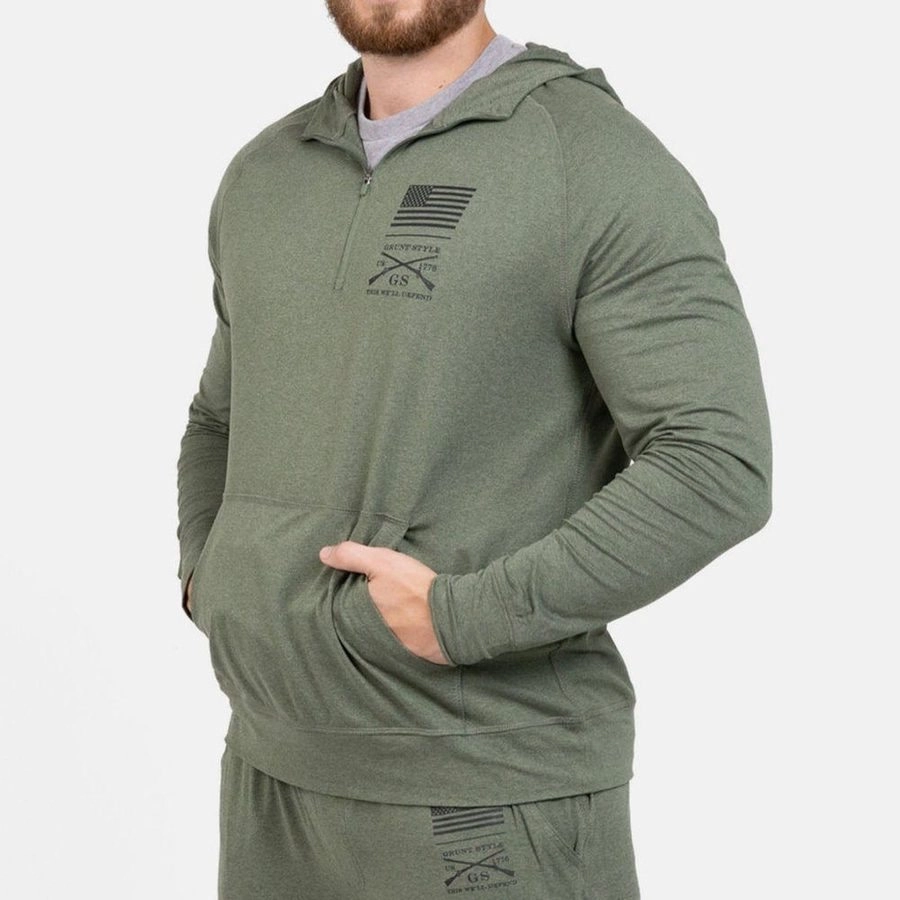 Men's All-Day 1/4 Zip Hoodie - Heather Military Green High Neck