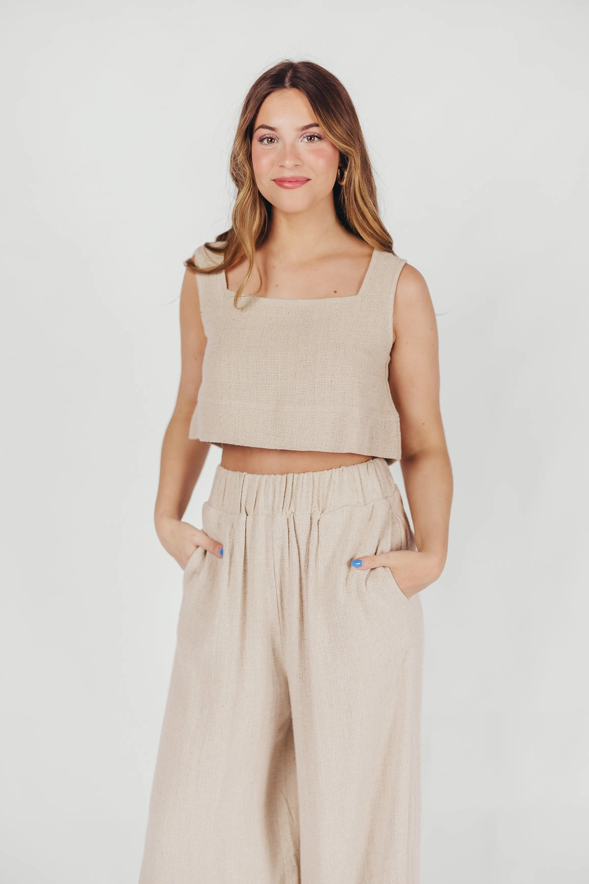 cute look High Strength Stitching Christy Linen-Blend Sleeveless Cropped Top in Sand *Final-Sale*