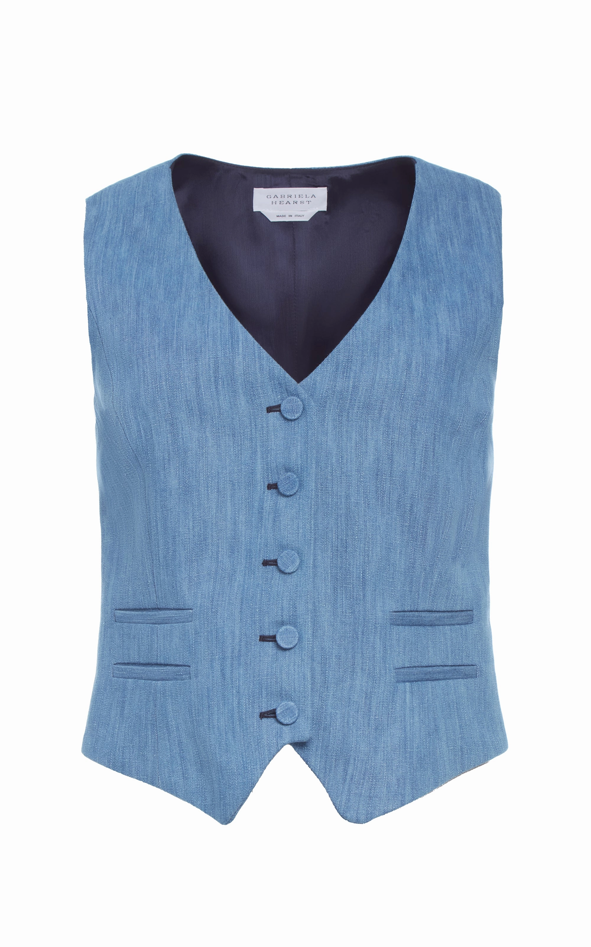 Coleridge Vest in Medium Blue Recycled Cotton Linen Denim Tailored Fit Wear