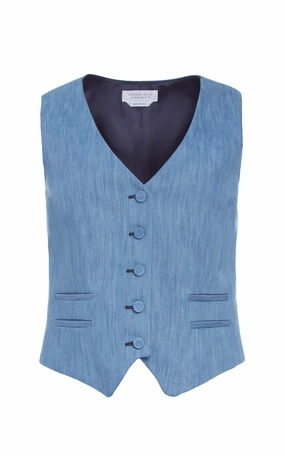 Coleridge Vest in Medium Blue Recycled Cotton Linen Denim Tailored Fit Wear