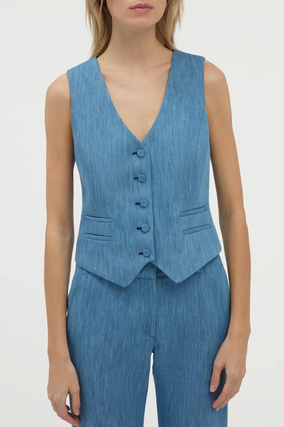 Coleridge Vest in Medium Blue Recycled Cotton Linen Denim Layered Comfort
