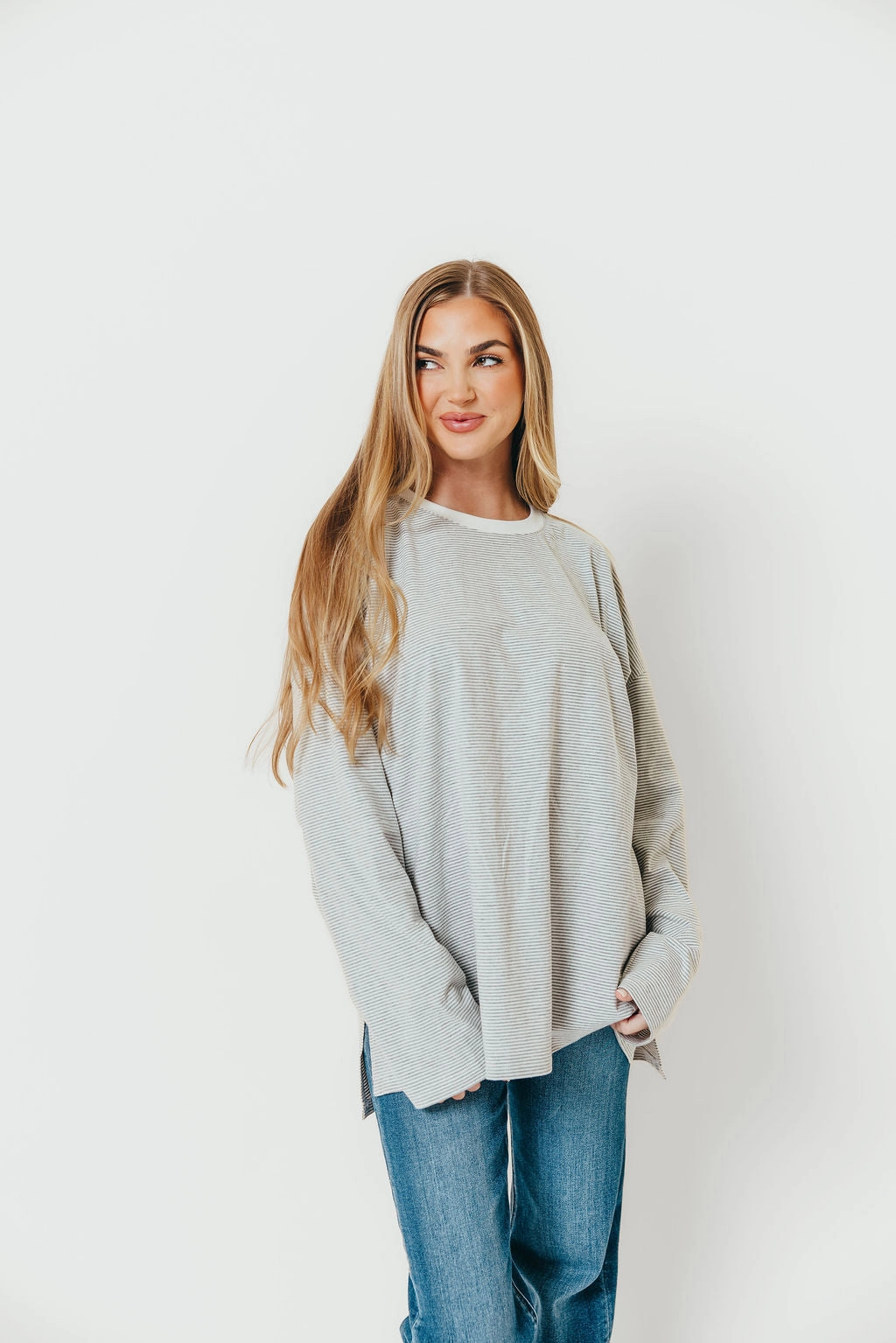 bit happening Camden Oversized Striped Top in Heather Grey/White