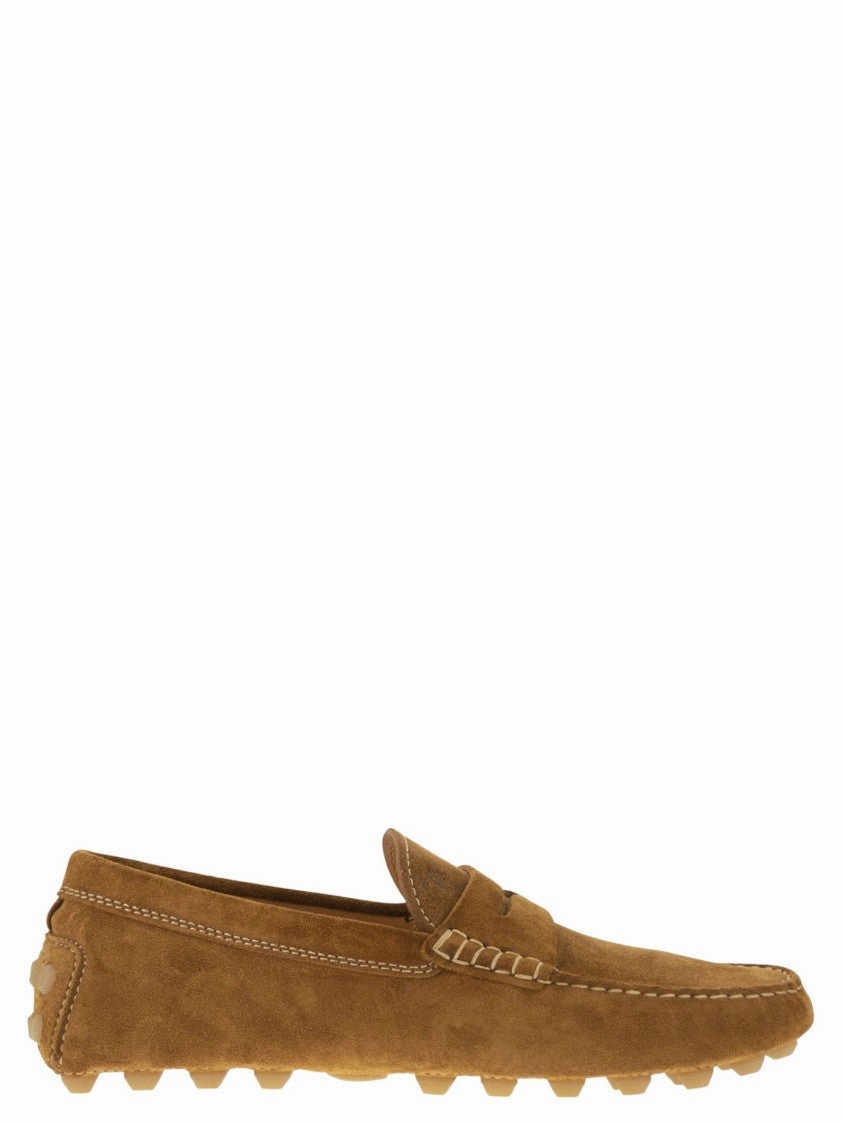 american casual Contemporary Suede Gommino Moccasin With Embossed Monogram