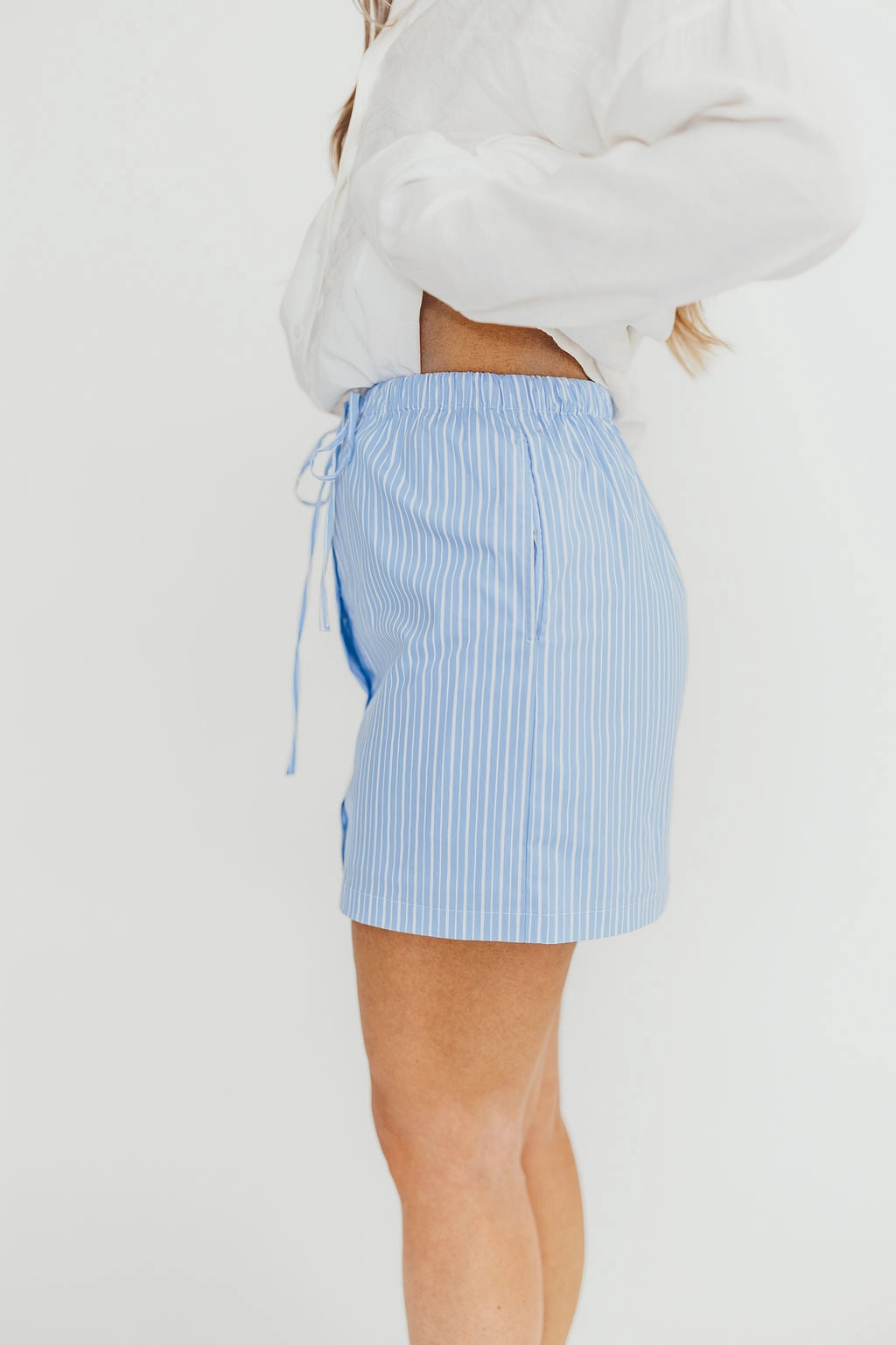 Quiet Style Sia Striped Poplin Drawstring Skort in Light Blue *Final-Sale*