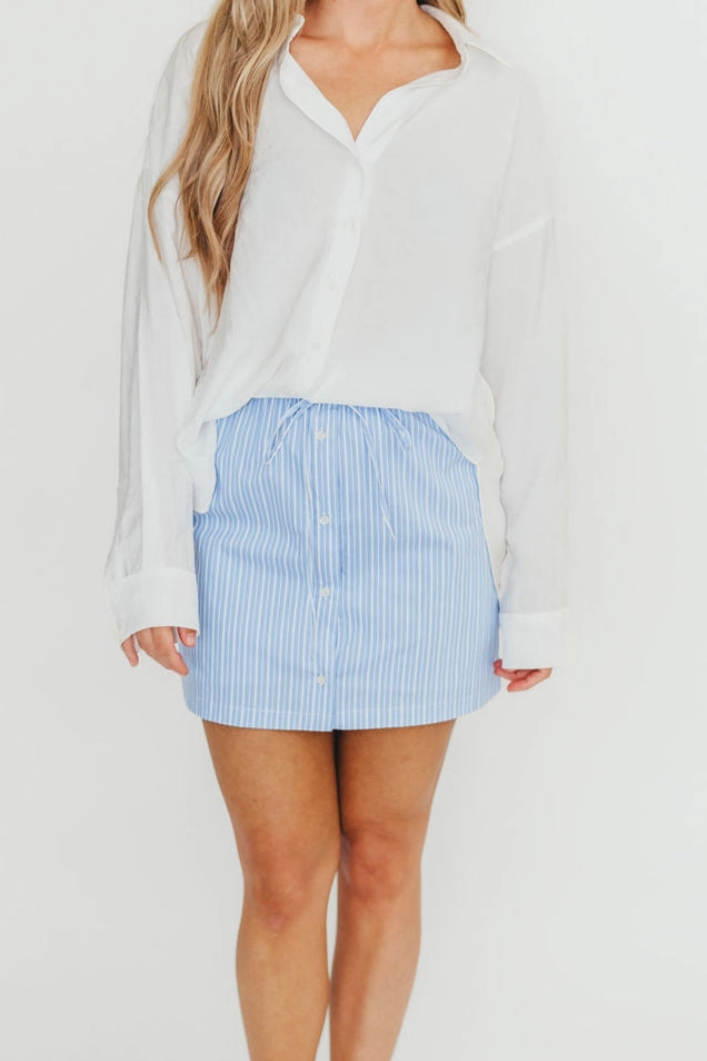 Tiered hem Striped Design Sia Striped Poplin Drawstring Skort in Light Blue *Final-Sale*