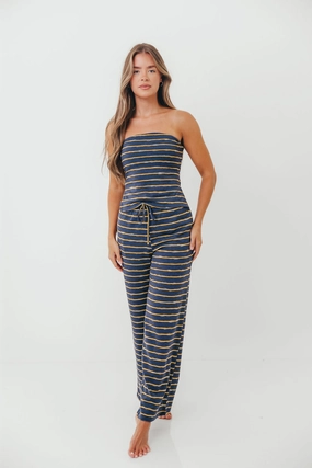 SoftCottonBlend ElasticWaistband Lawrence Striped Drawstring Wide Leg Pants in Vintage Navy