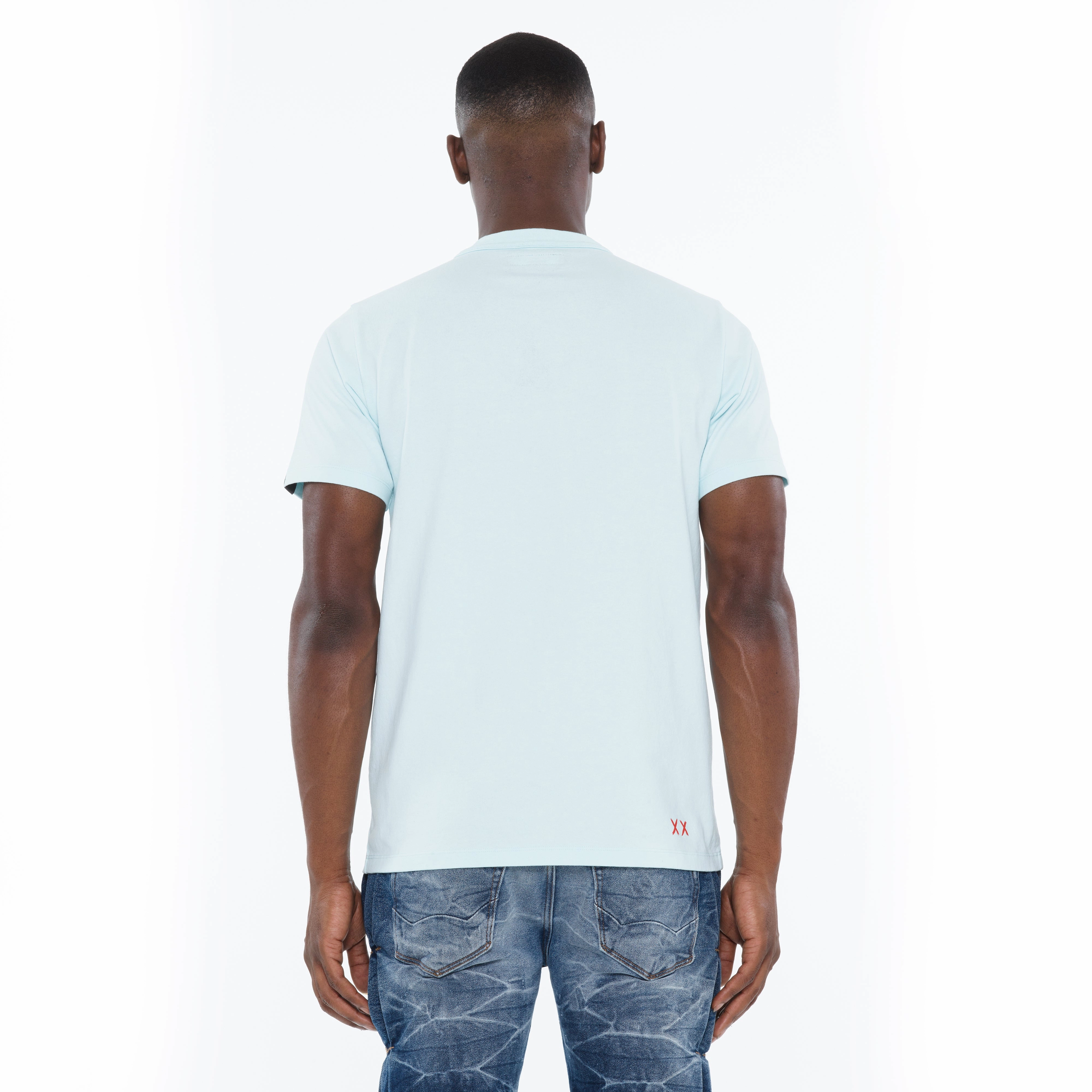 Cult's Heavyweight Short Sleeve Crew Neck Tee "Breaking The Law" in Powder Blue short sleeved Comfortable texture