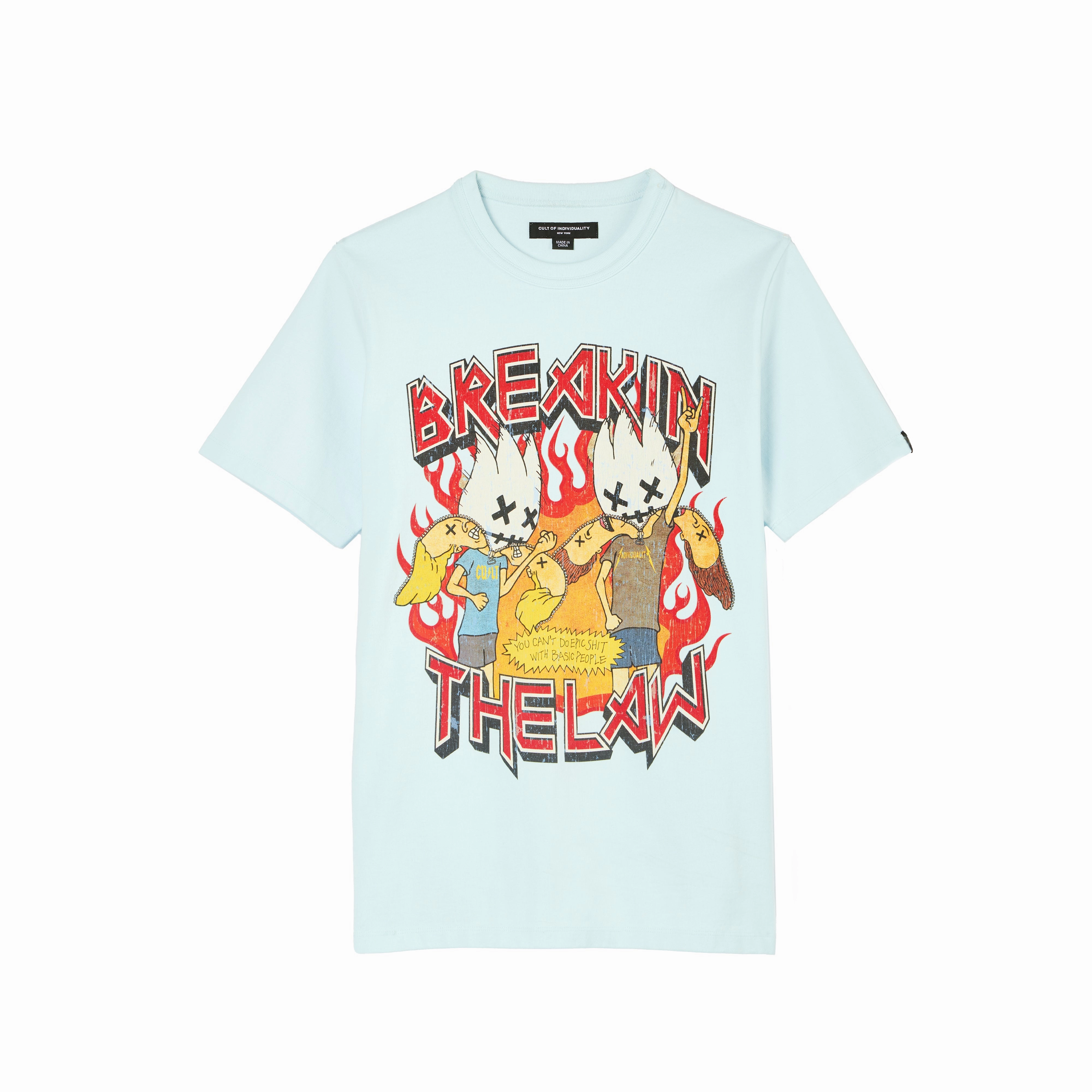 Cult's Heavyweight Short Sleeve Crew Neck Tee "Breaking The Law" in Powder Blue Stylish Day Wear