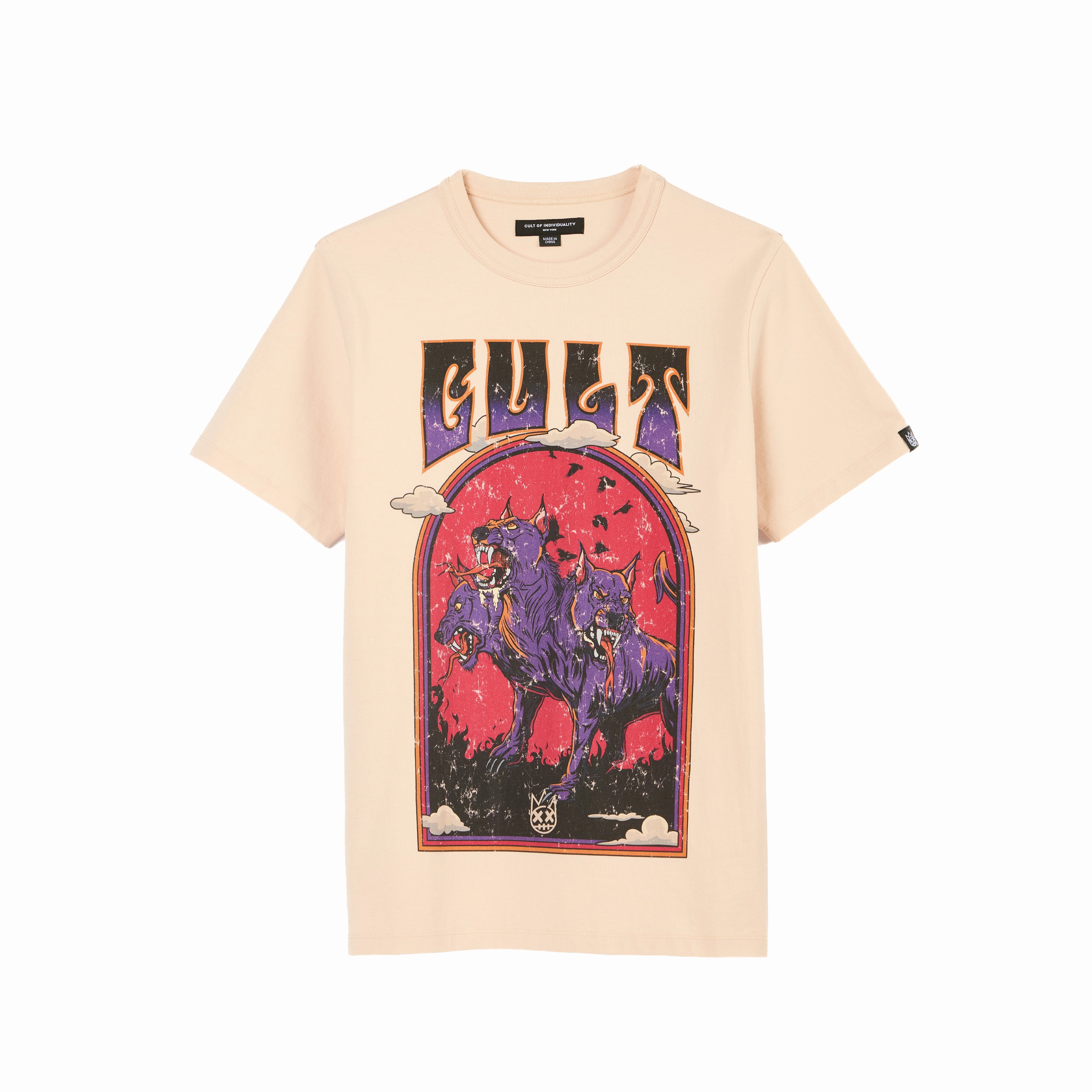 Soft and Flexible Cult's Heavyweight Short Sleeve Crew Neck Tee "Orthrus" in Powder Pink